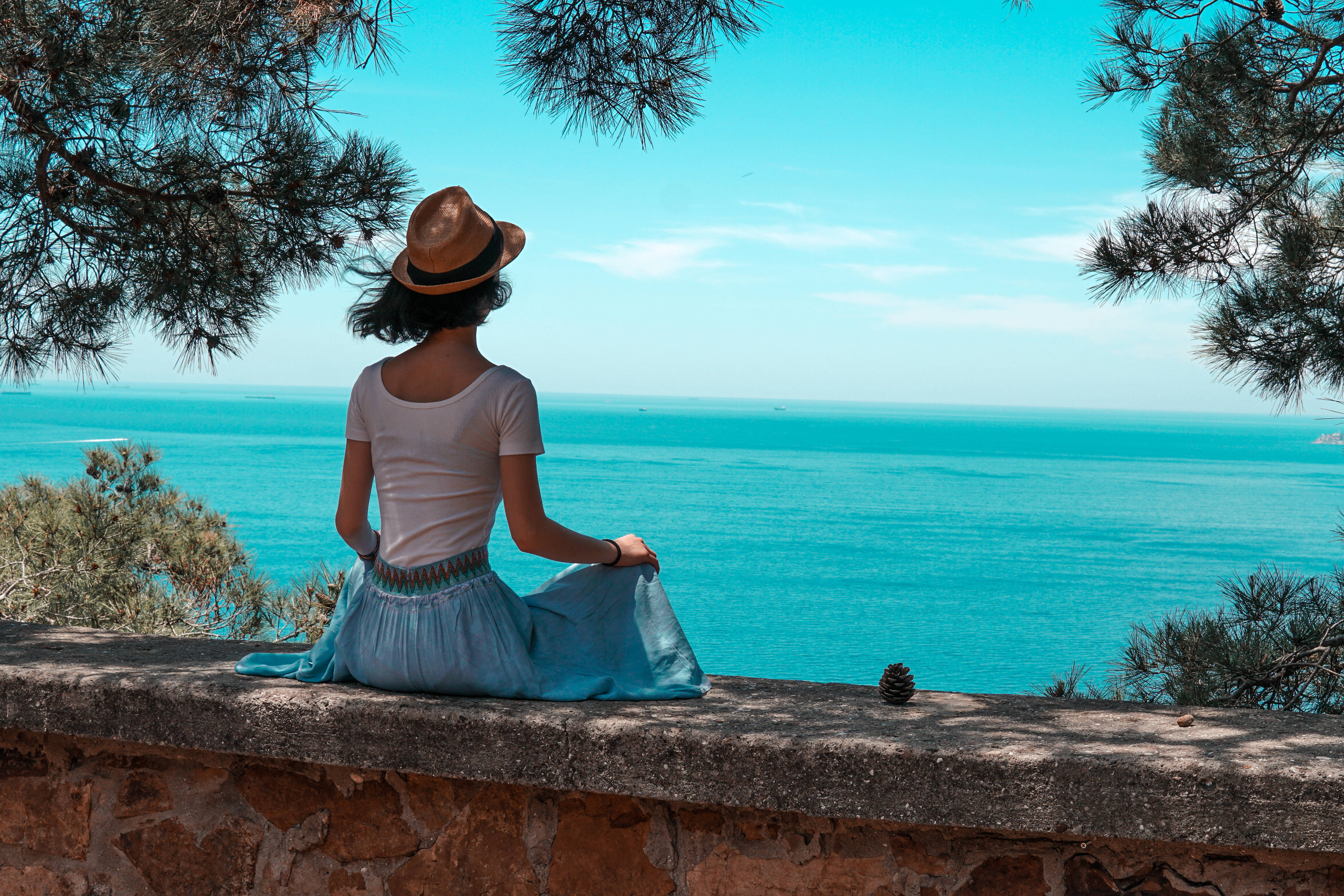 straw hat, stone wall, pine branches, 4K Desktop Wallpaper