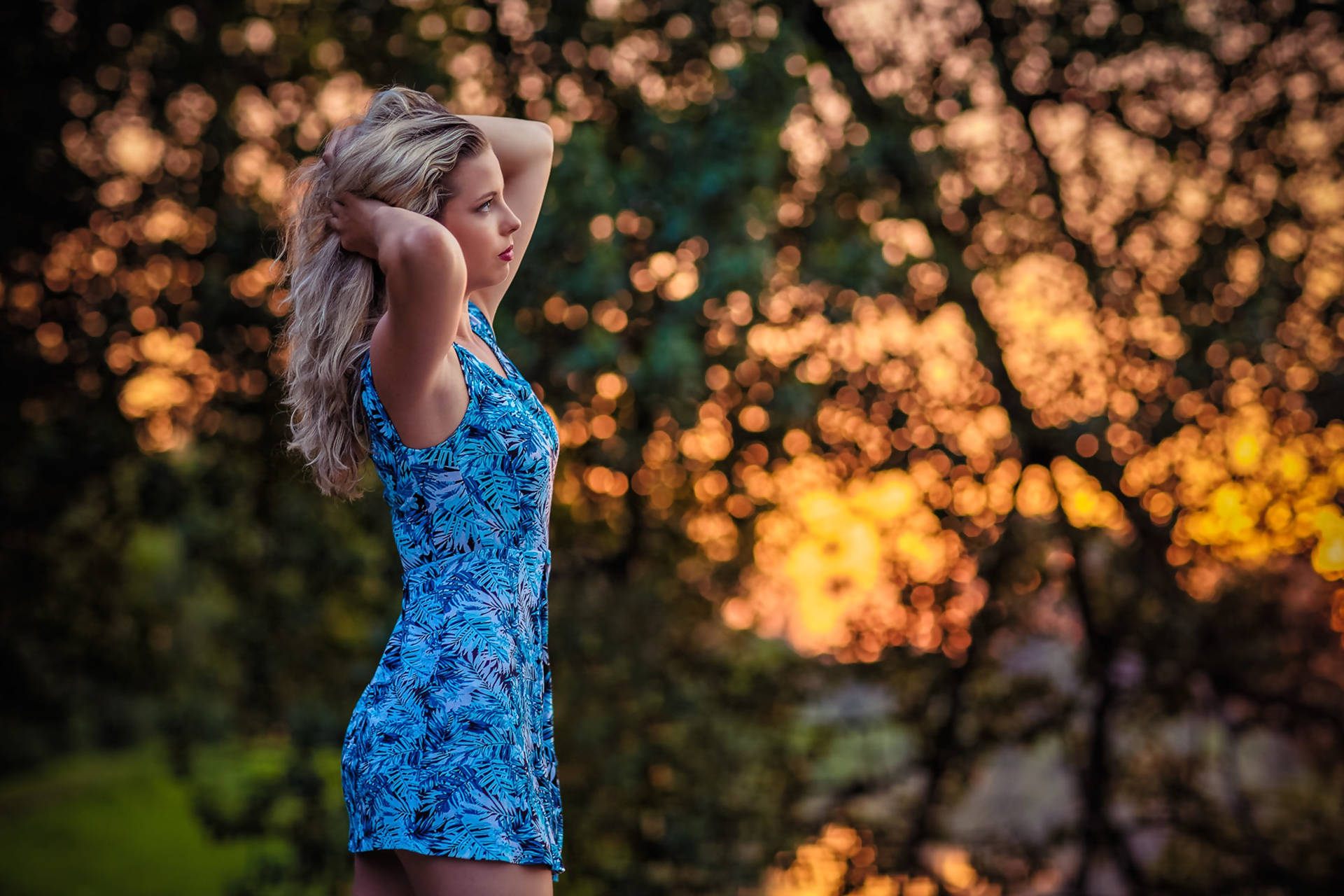 beautiful blue dress, blue leaf-patterned dress, sunlit forest, Full HD Desktop Wallpaper