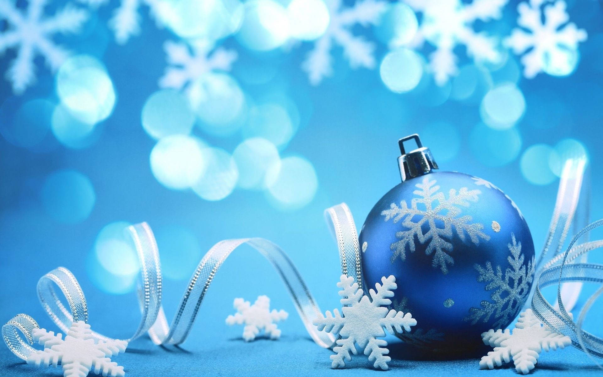 Beautiful Blue Christmas Decor, glossy blue Christmas ornament, silver snowflakes, Full HD Desktop Wallpaper
