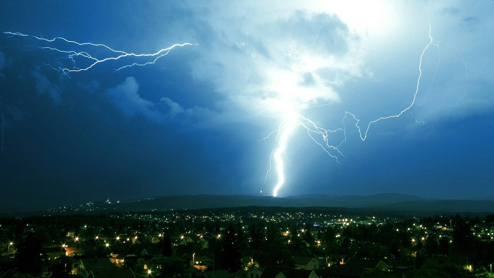 Beautiful Blue, lightning storm, cityscape, Full HD Desktop Wallpaper