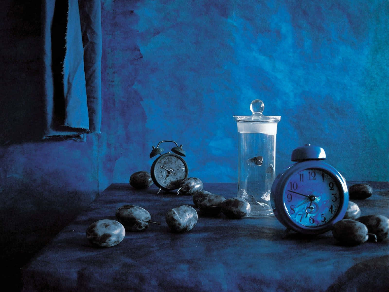 vintage alarm clocks, stones, blue textured surface, HD Desktop Wallpaper
