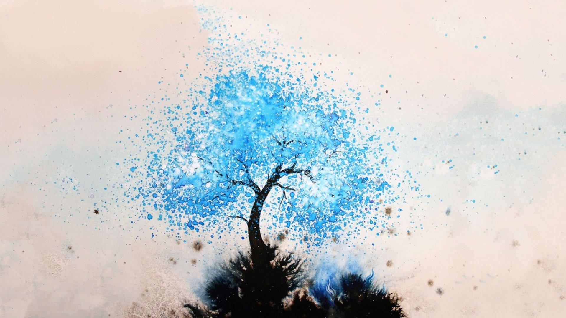 blue tree, vibrant blue paint splatters, beige and gray textured background, Full HD Desktop Wallpaper