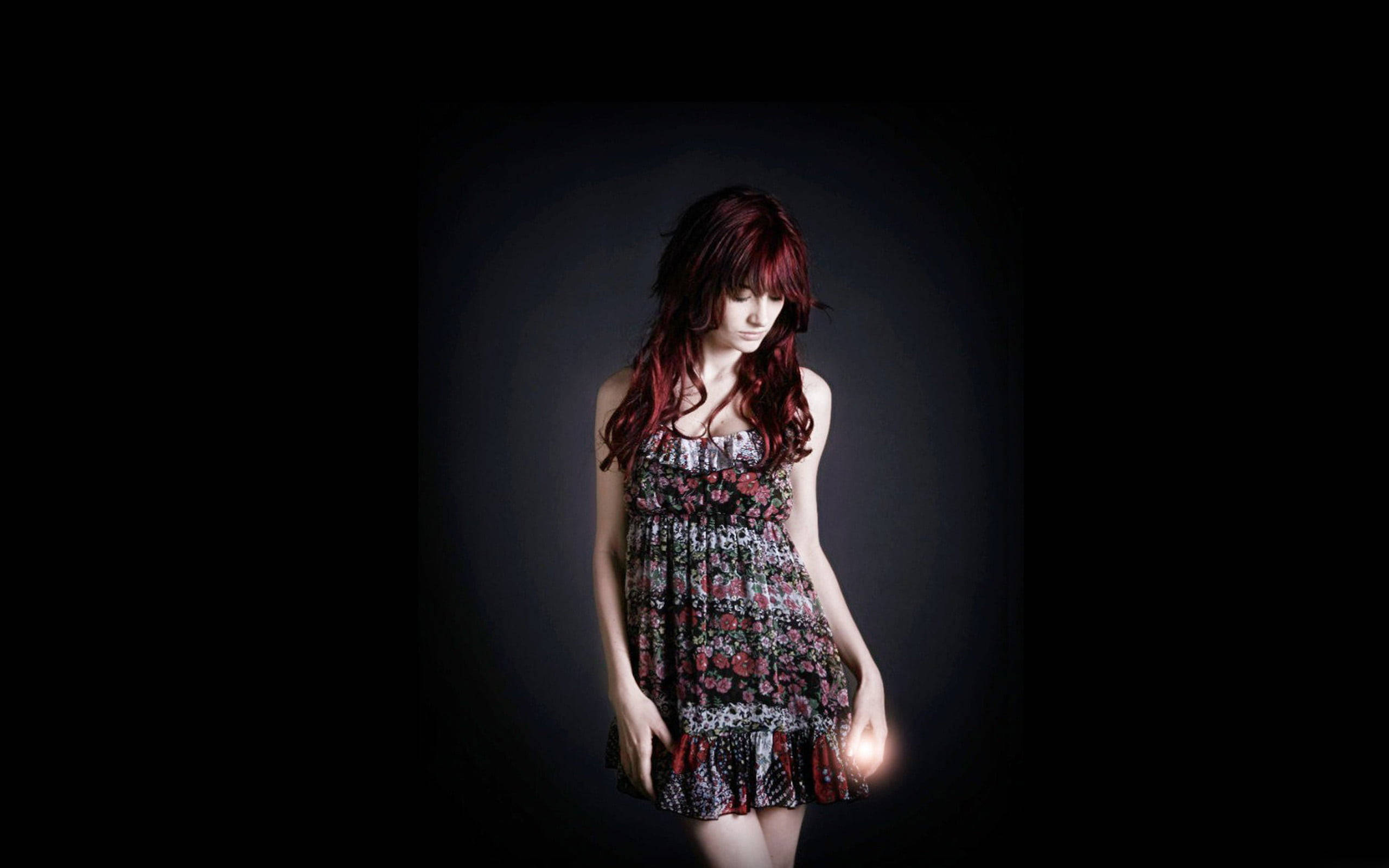 red head woman, floral dress, glowing orb, 2K Desktop Wallpaper