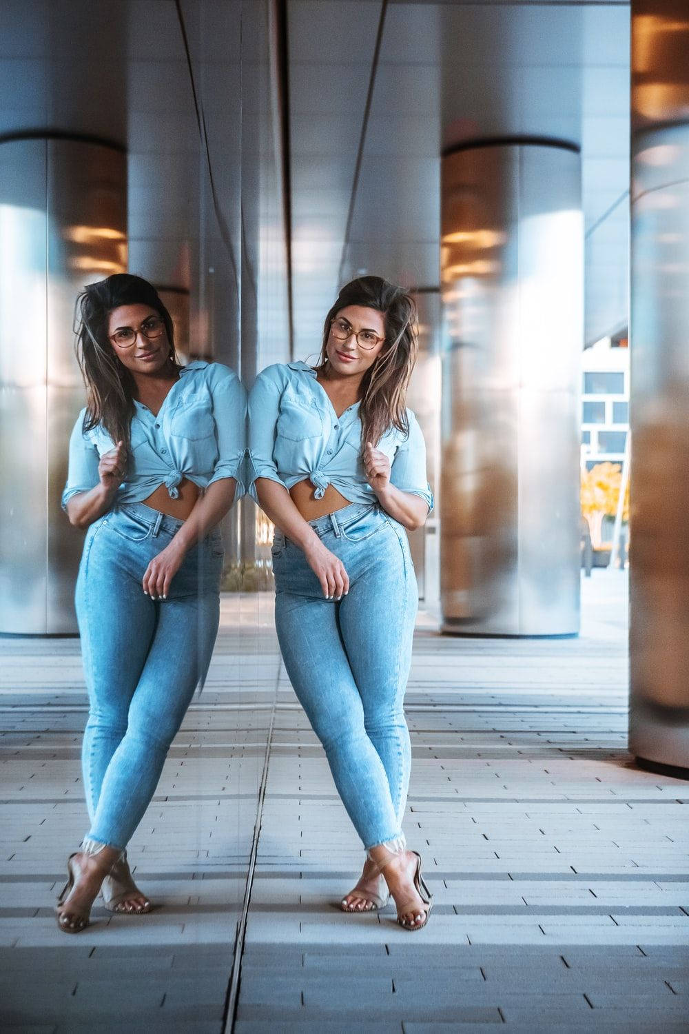 light blue denim, glasses, reflective surface, HD Phone Wallpaper