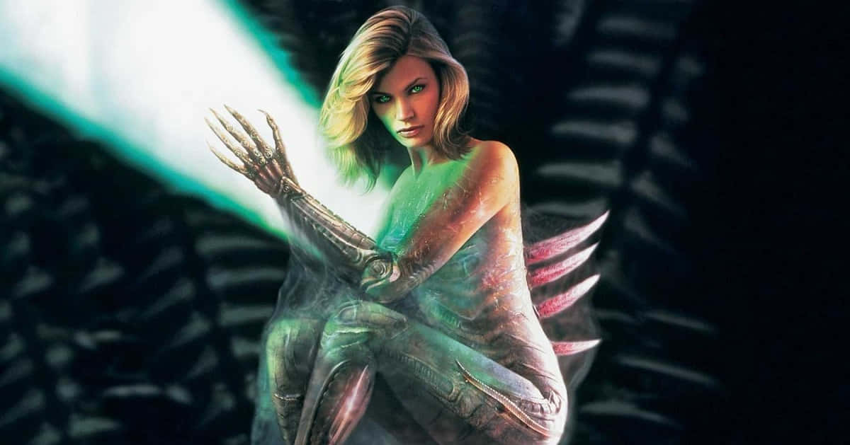 cybernetic woman, glowing green energy, mechanical arm, SD Desktop Wallpaper