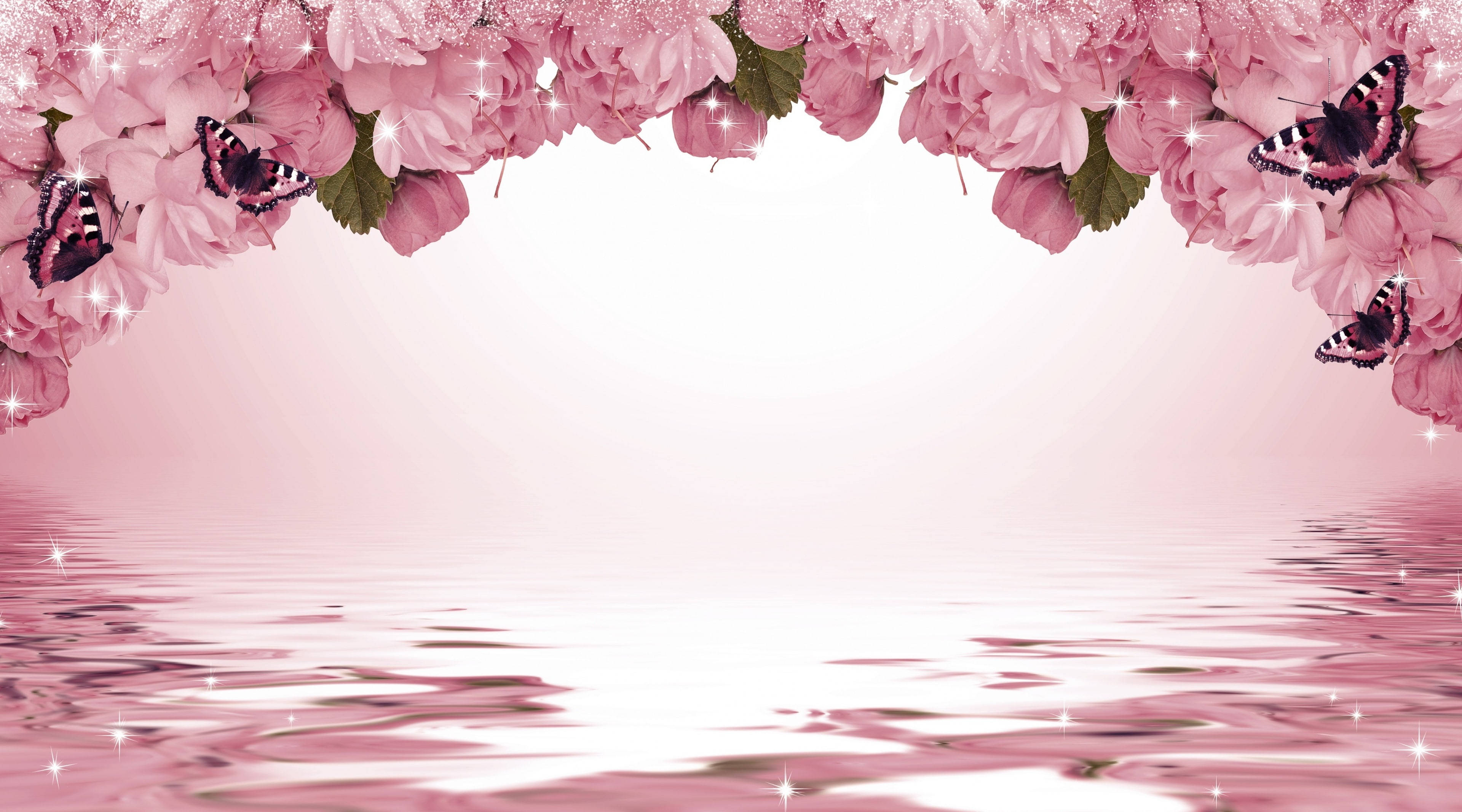 pink butterfly, flower arch, pink hydrangeas, 4K Desktop Wallpaper