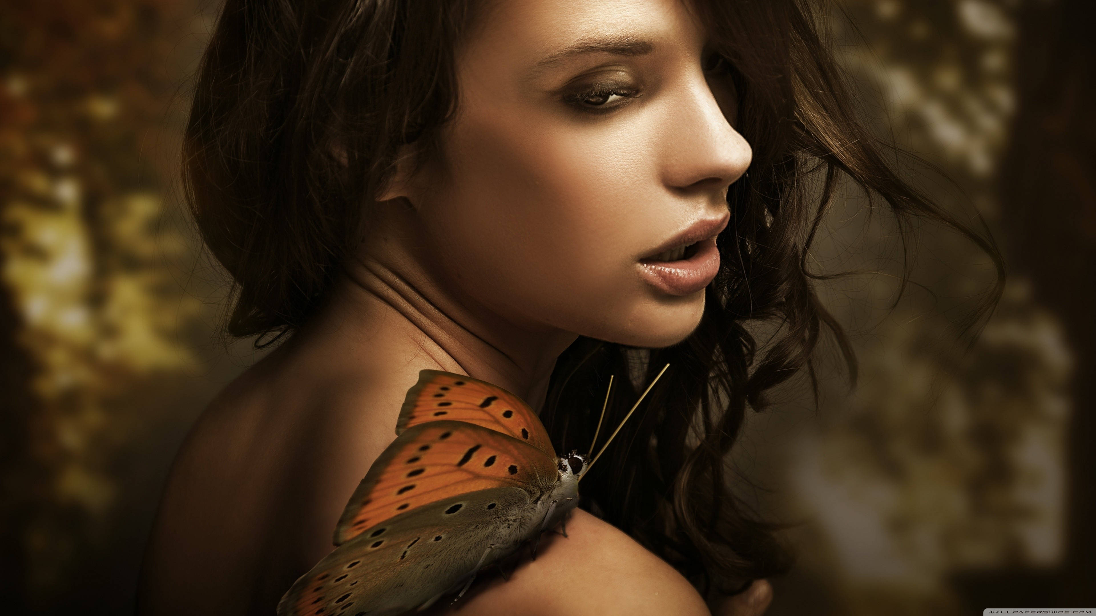 orange butterfly, woman, dark hair, 4K Desktop Wallpaper