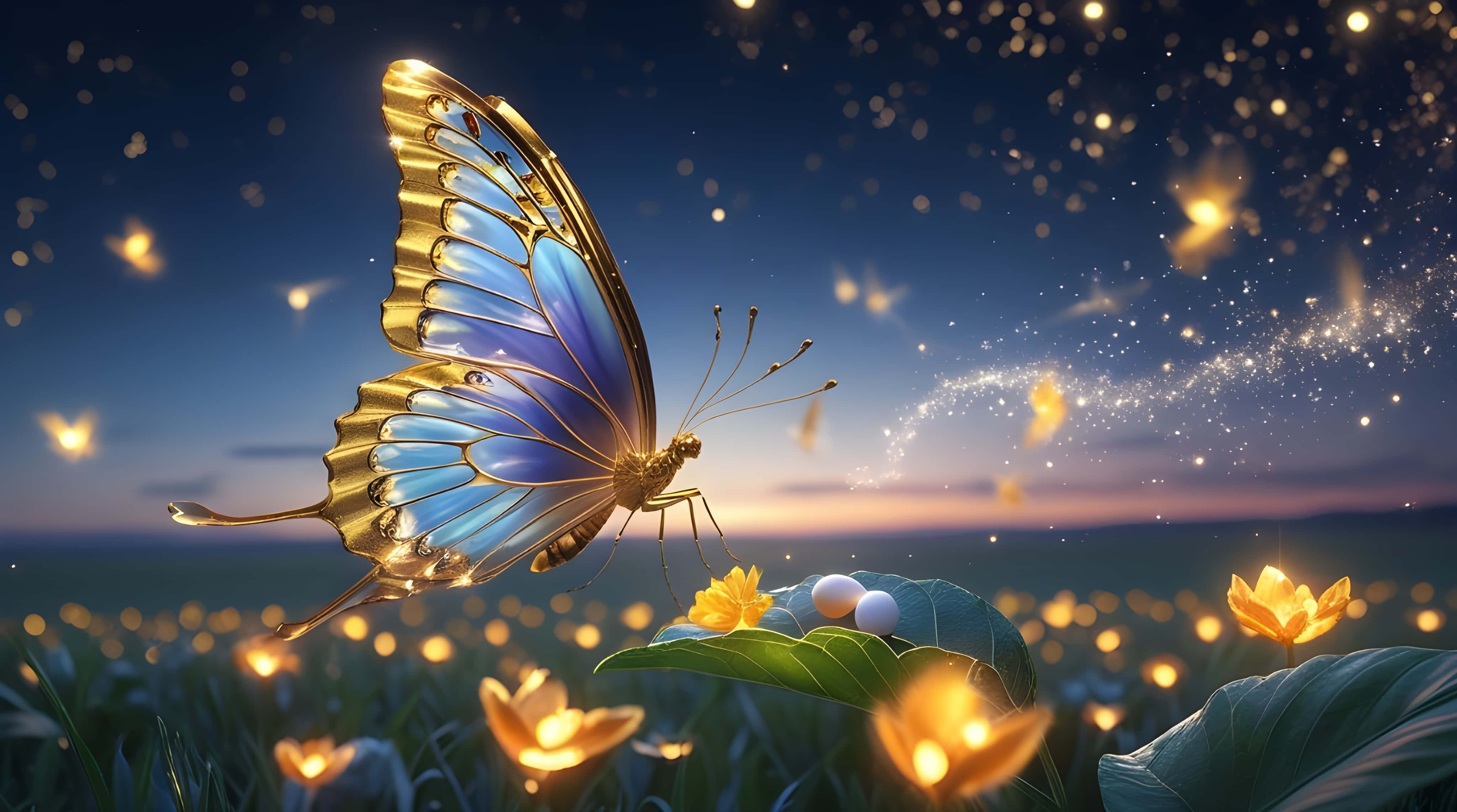 golden and blue butterfly, glowing yellow flowers, starry twilight sky, 4K Desktop Wallpaper