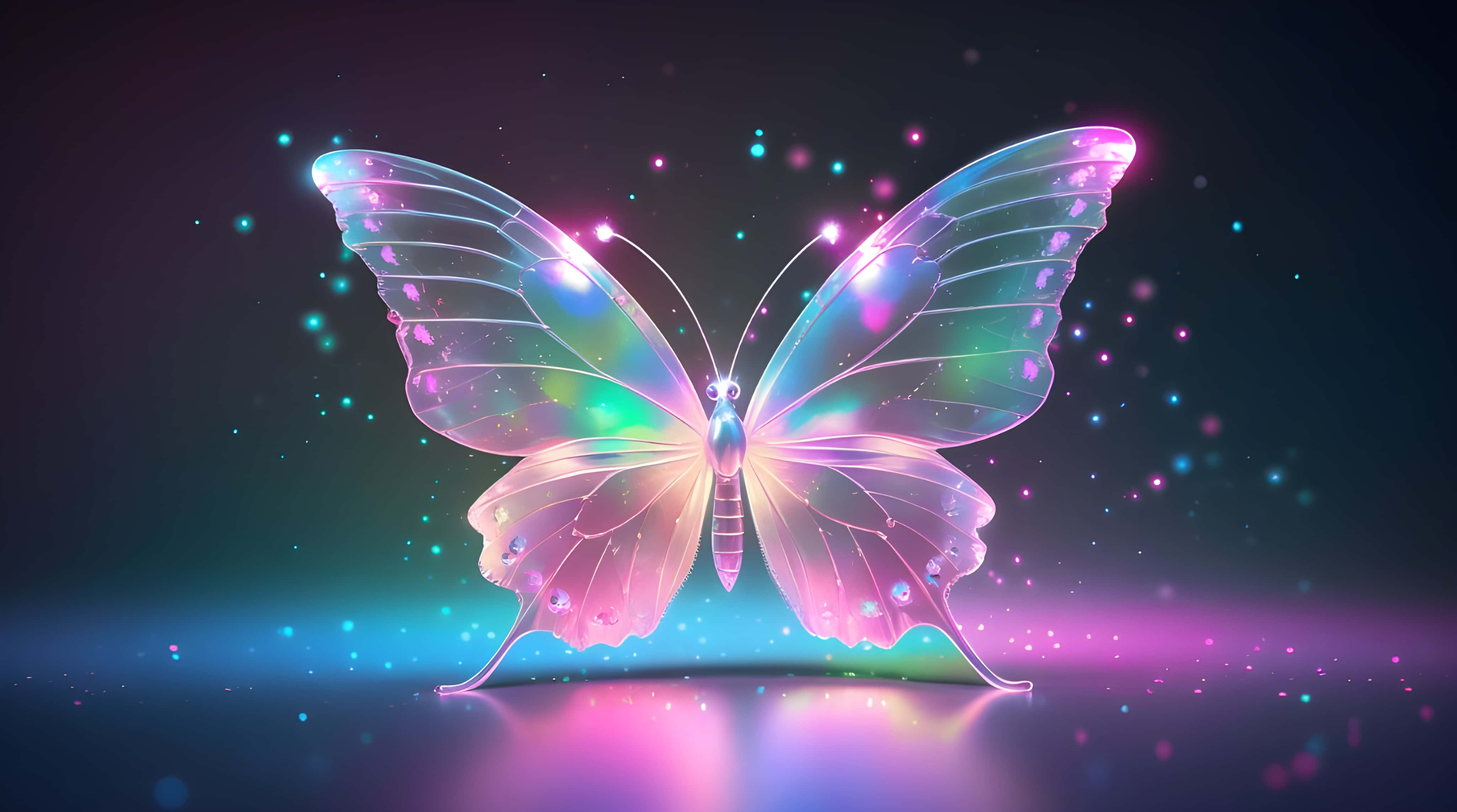 neon butterfly, iridescent wings, reflective surface, 4K Desktop Wallpaper