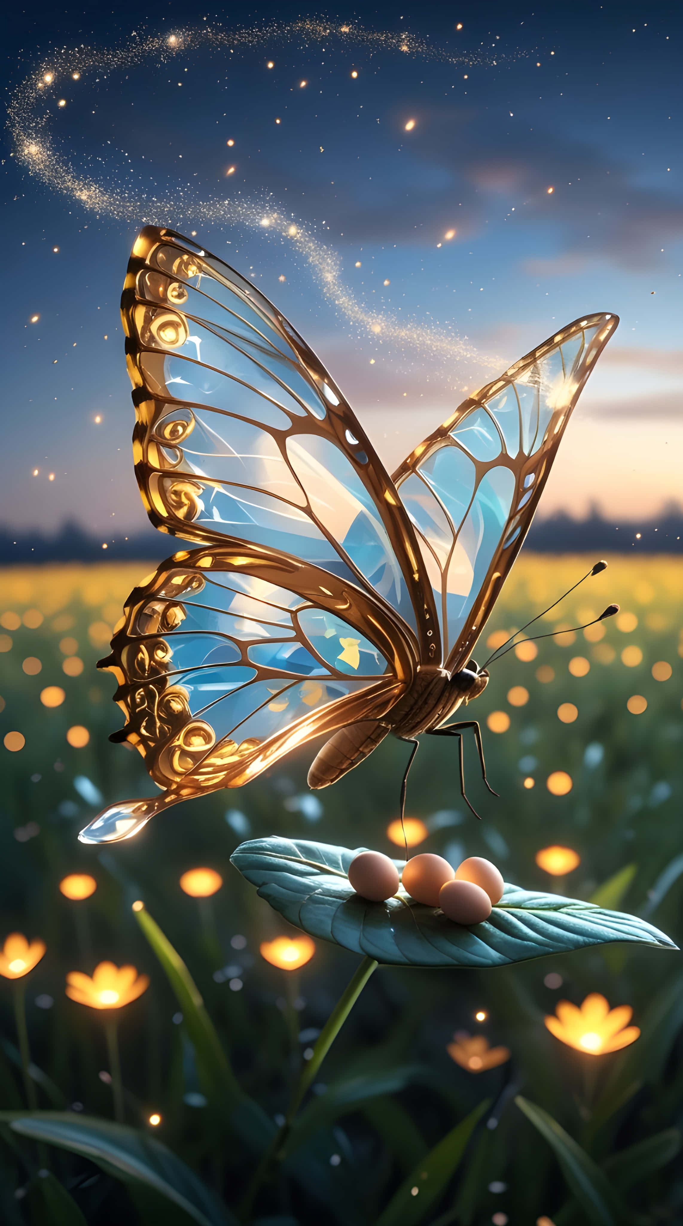 luminous golden butterfly, translucent blue wings, leaf, 4K Phone Wallpaper