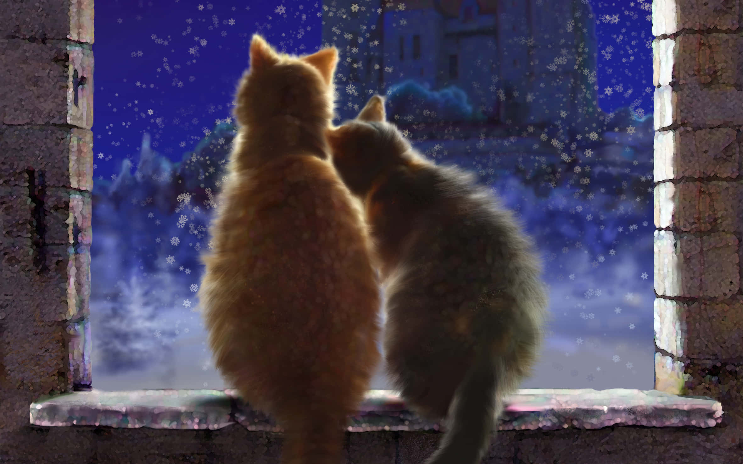 stone window, snowy night, falling snowflakes, Full HD Desktop Wallpaper