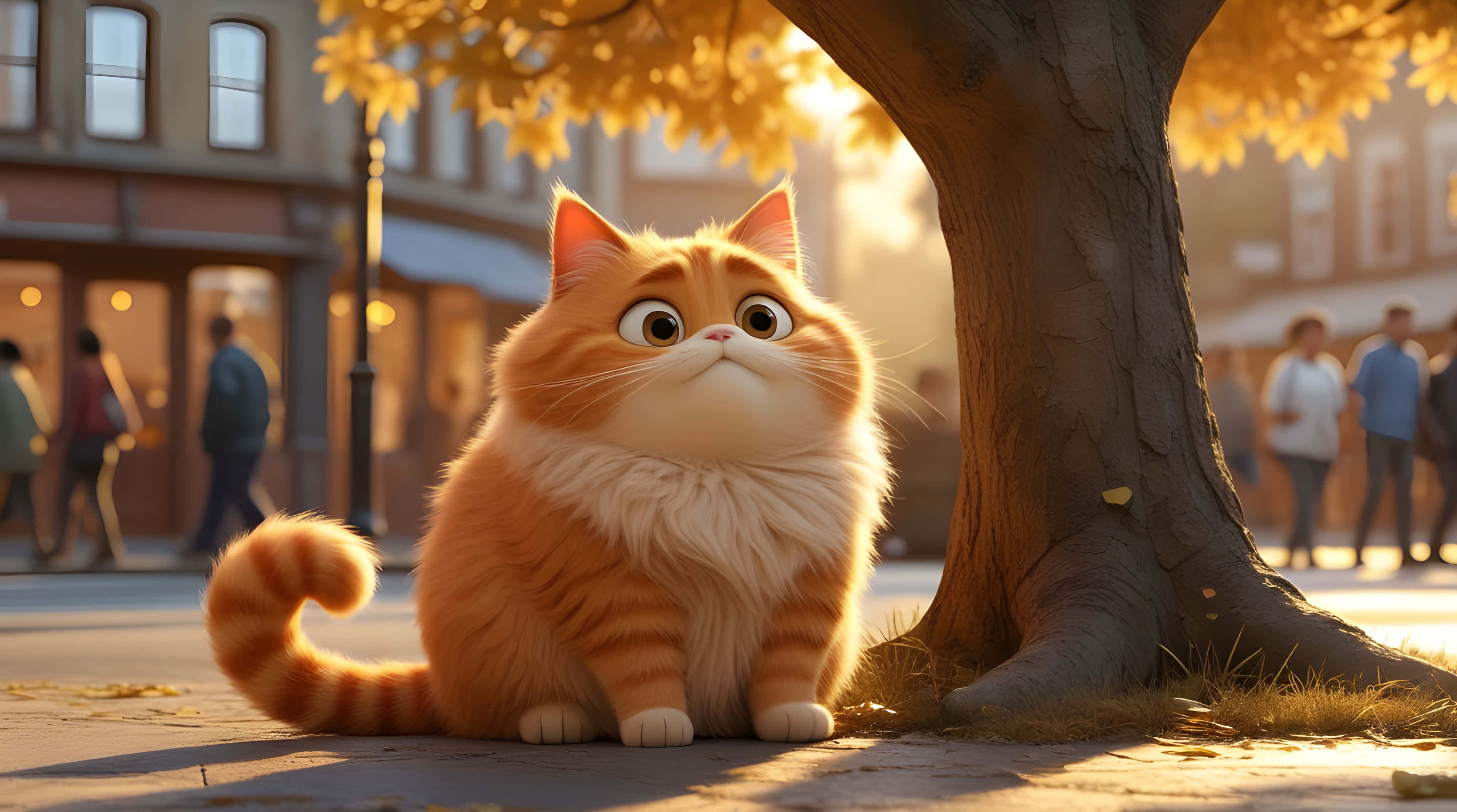 ginger cat, tree, golden leaves, 4K Desktop Wallpaper