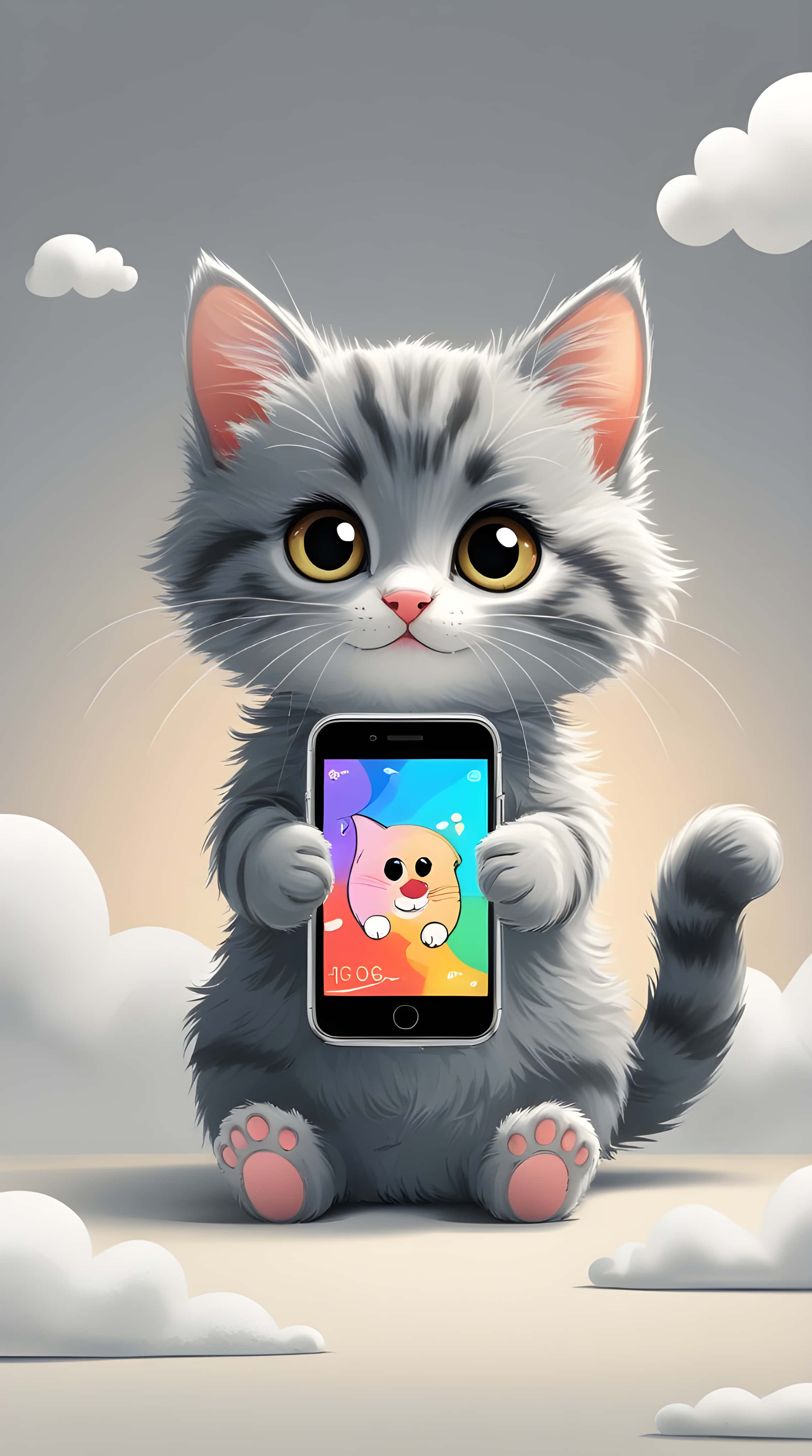fluffy gray kitten, big yellow eyes, smartphone, 4K Phone Wallpaper