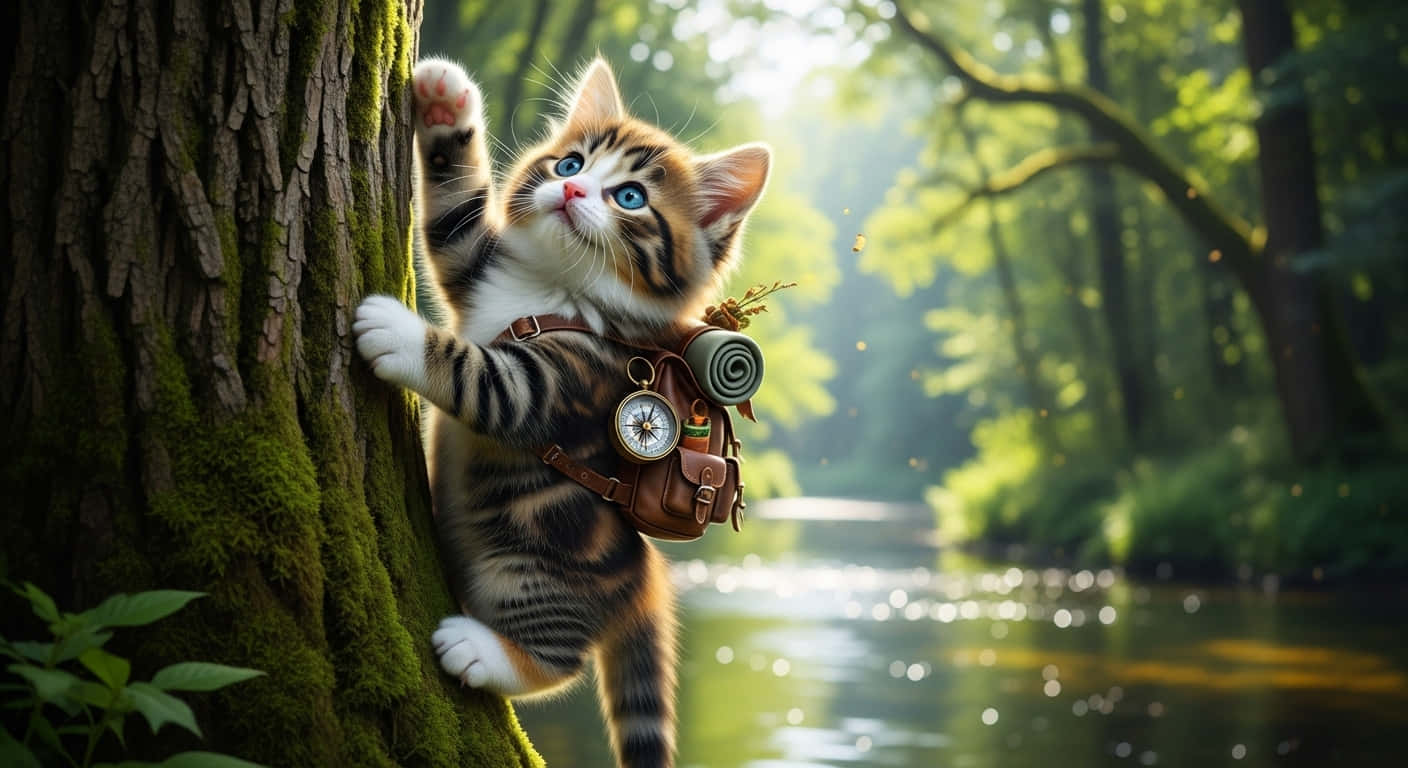 tabby kitten, blue eyes, mossy tree trunk, HD Desktop Wallpaper