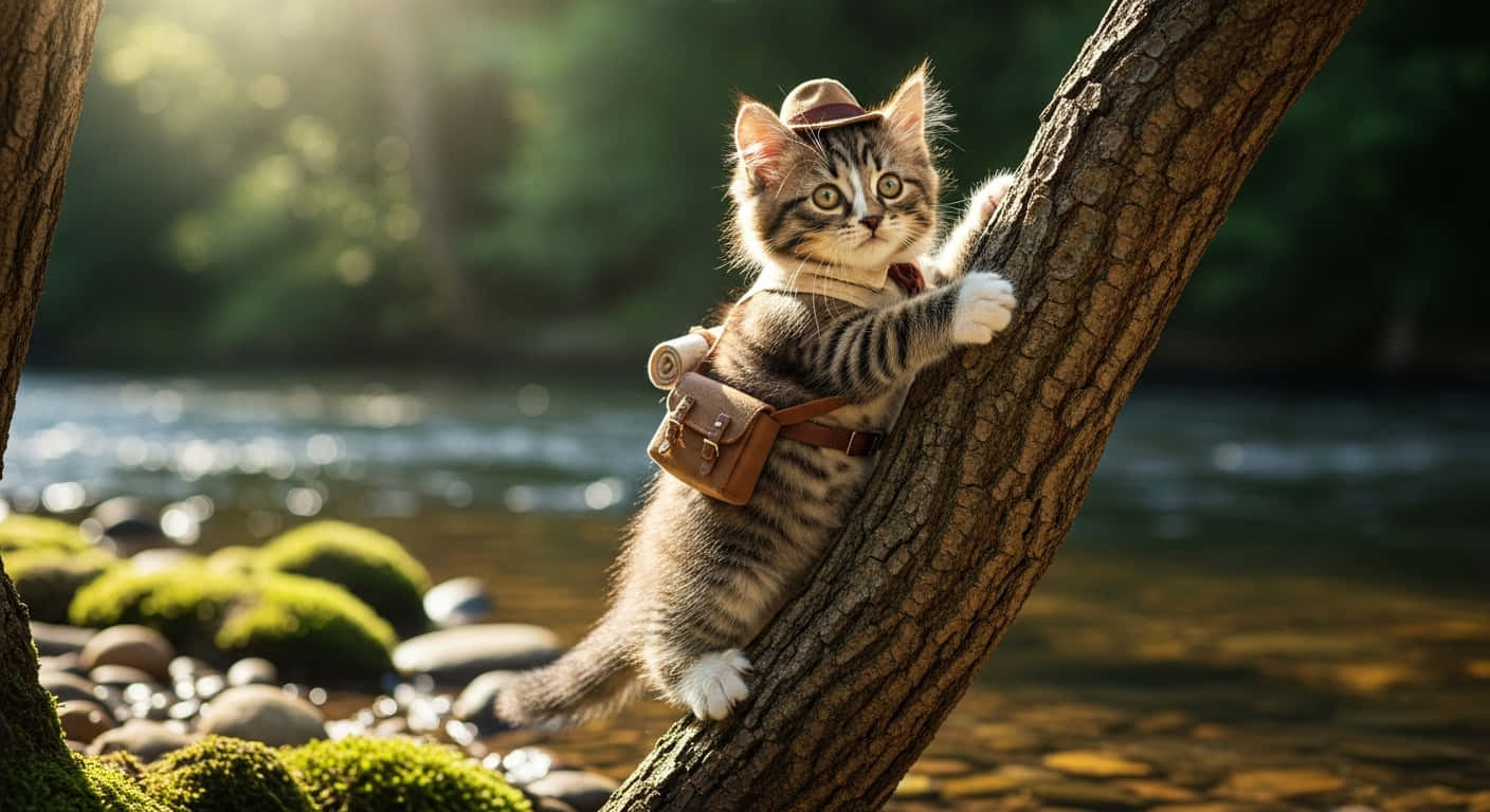 tabby kitten, hat, leather satchel, HD Desktop Wallpaper