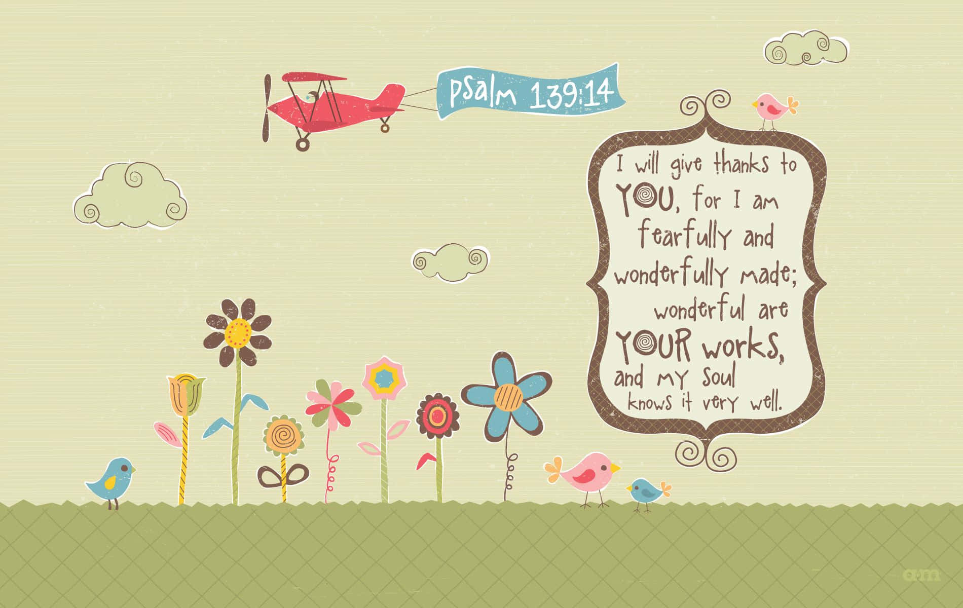 Psalm 139:14, red airplane, colorful flowers, HD Desktop Wallpaper