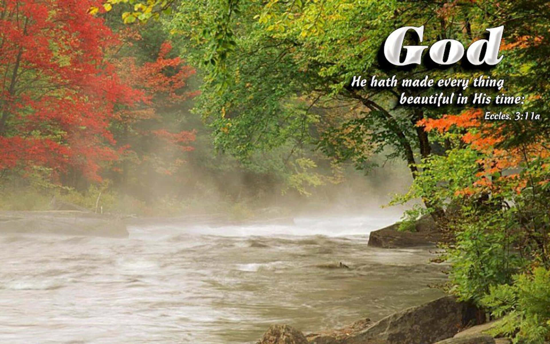 Beautiful Christian, autumn river, vibrant red and green foliage, Full HD Desktop Wallpaper