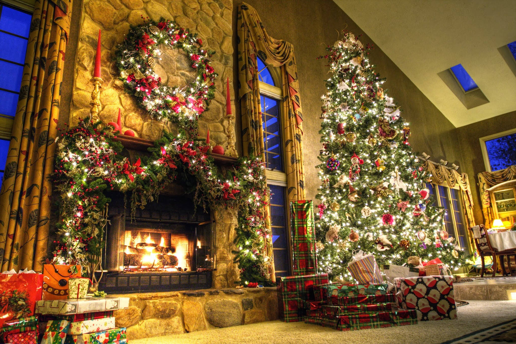 grand stone fireplace, towering Christmas tree, lights ornaments, Full HD Desktop Wallpaper