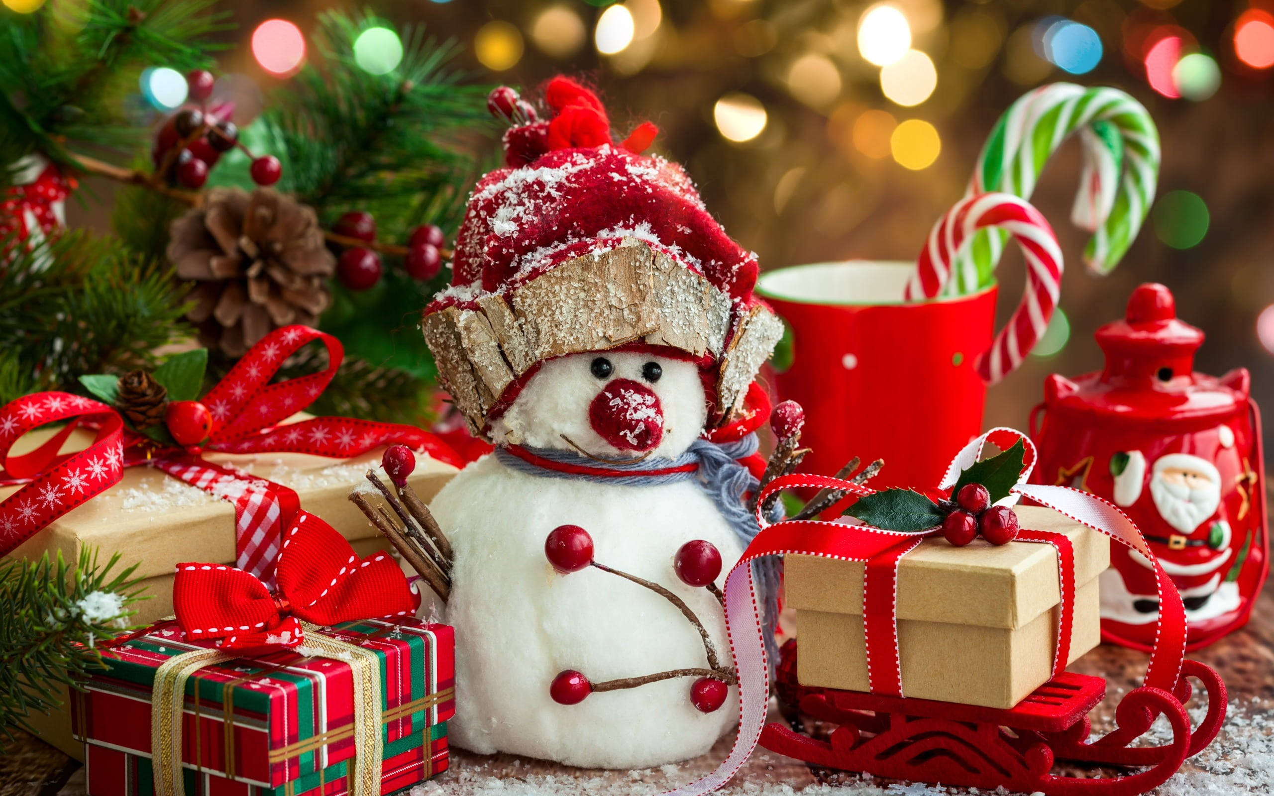 Beautiful Christmas, snowman, red hat, 2K Desktop Wallpaper