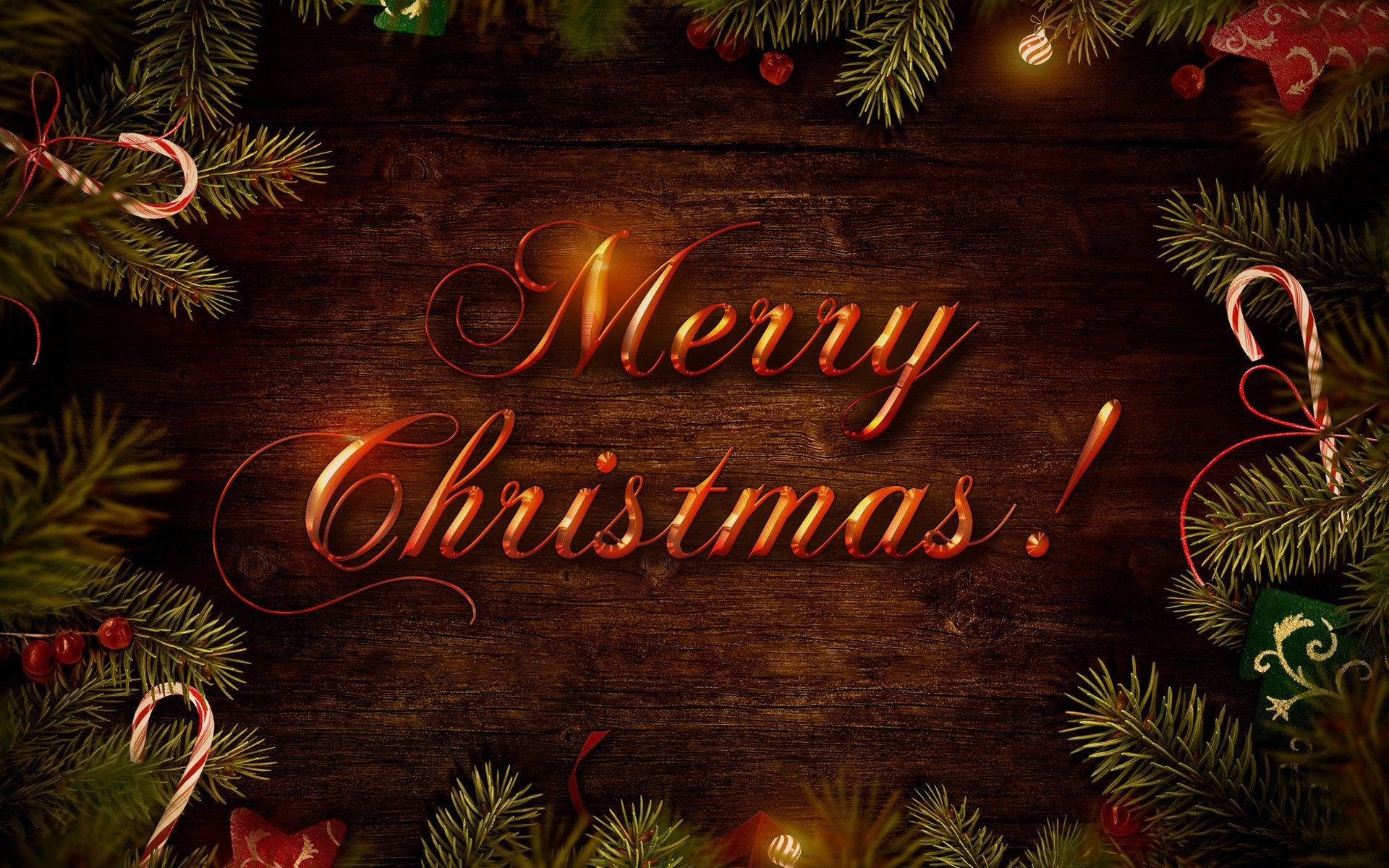 Merry Christmas, golden cursive text, dark wooden background, Full HD Desktop Wallpaper