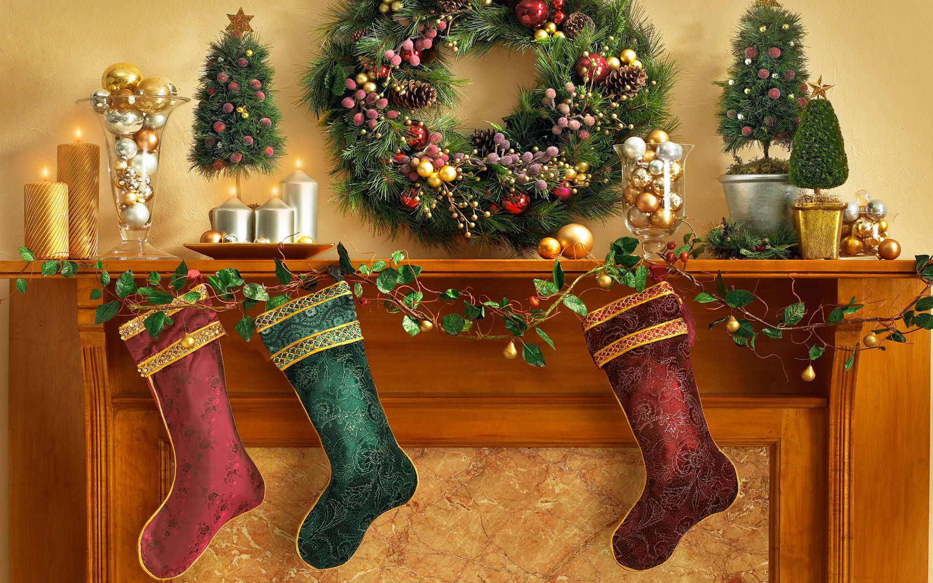 Christmas stockings, decorated mantel, wreath, Full HD Desktop Wallpaper
