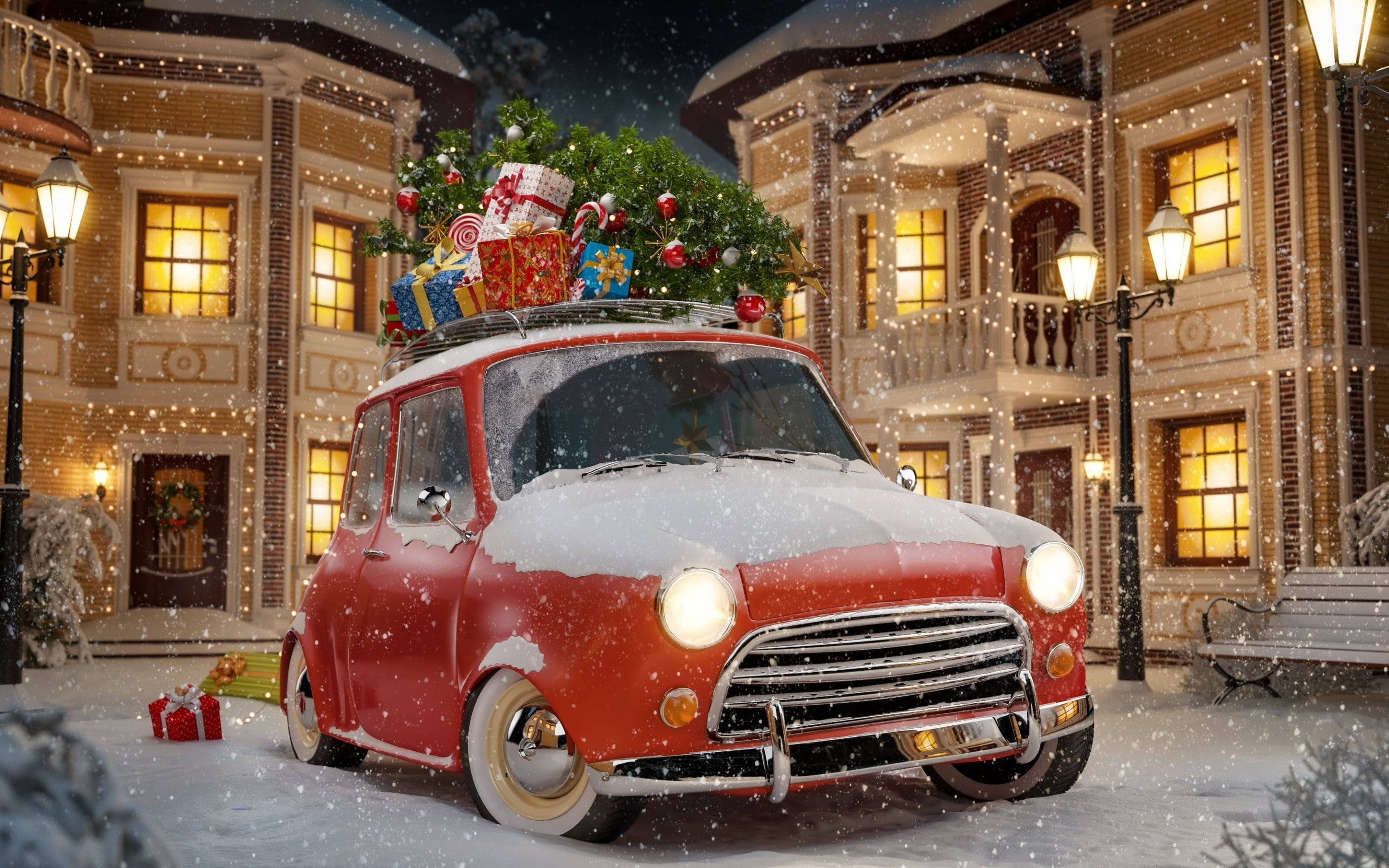 vintage red car, snow, festive winter town, 2K Desktop Wallpaper