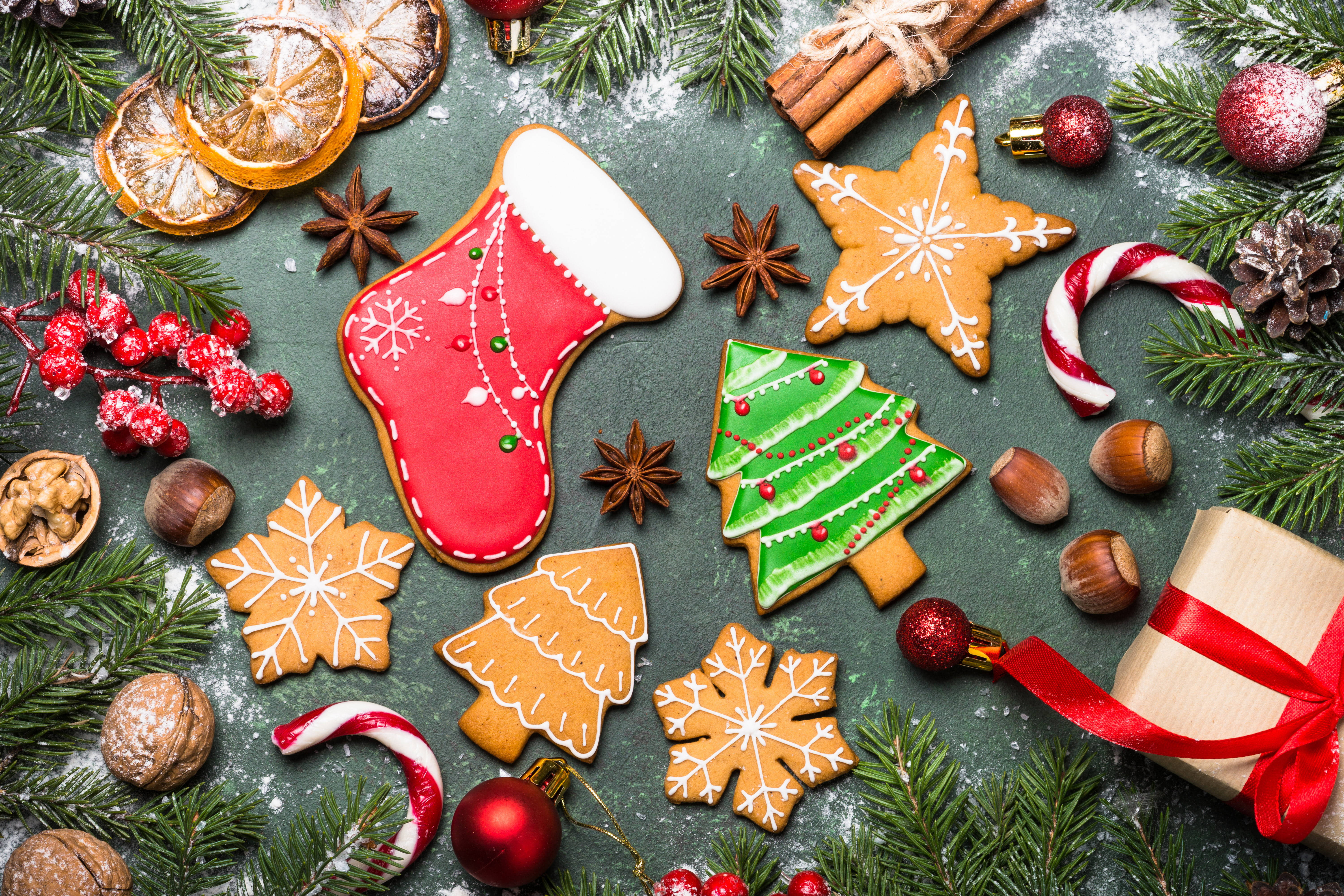 gingerbread cookies, stockings, trees, 5K Desktop Wallpaper