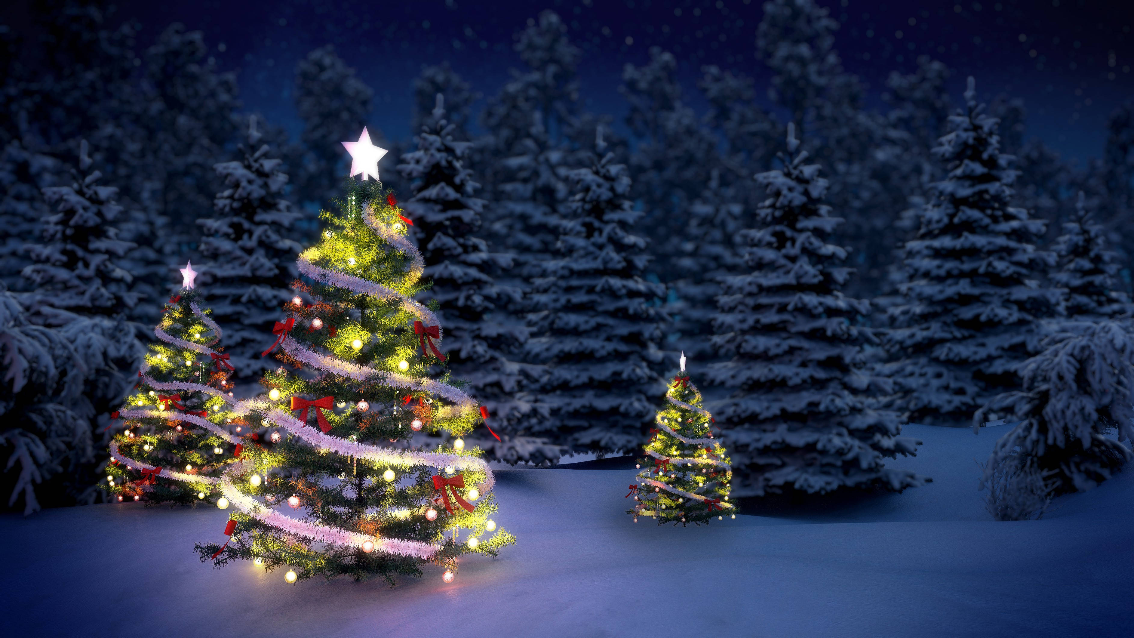 Christmas trees, lights, ribbons, 2K Desktop Wallpaper