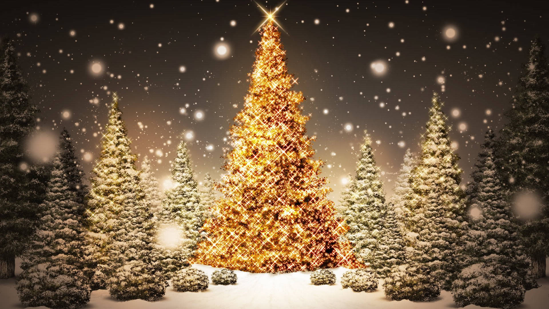 golden Christmas tree, falling snow, snow-covered pine trees, Full HD Desktop Wallpaper