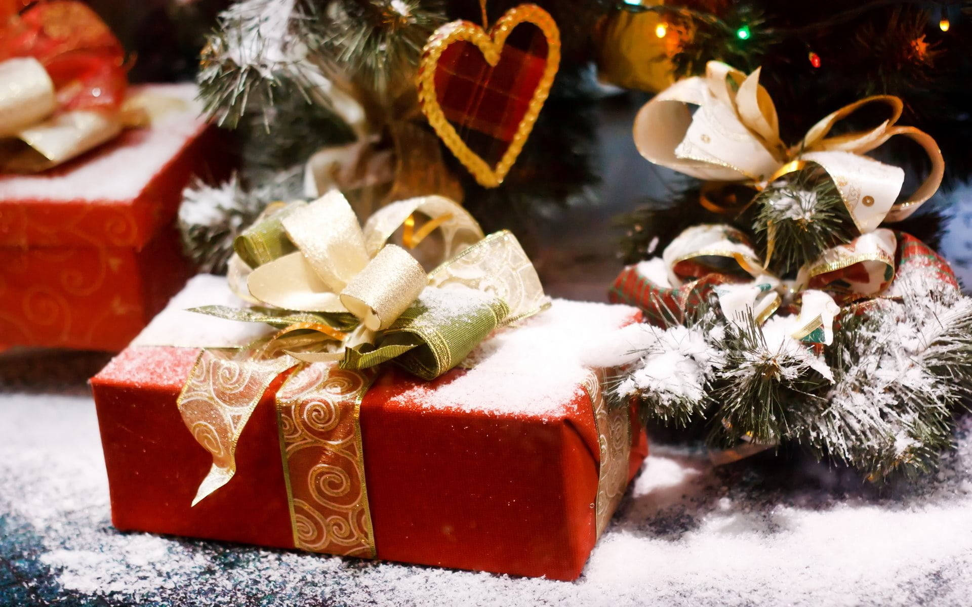 red gift box, gold ribbon, snowy Christmas tree, Full HD Desktop Wallpaper