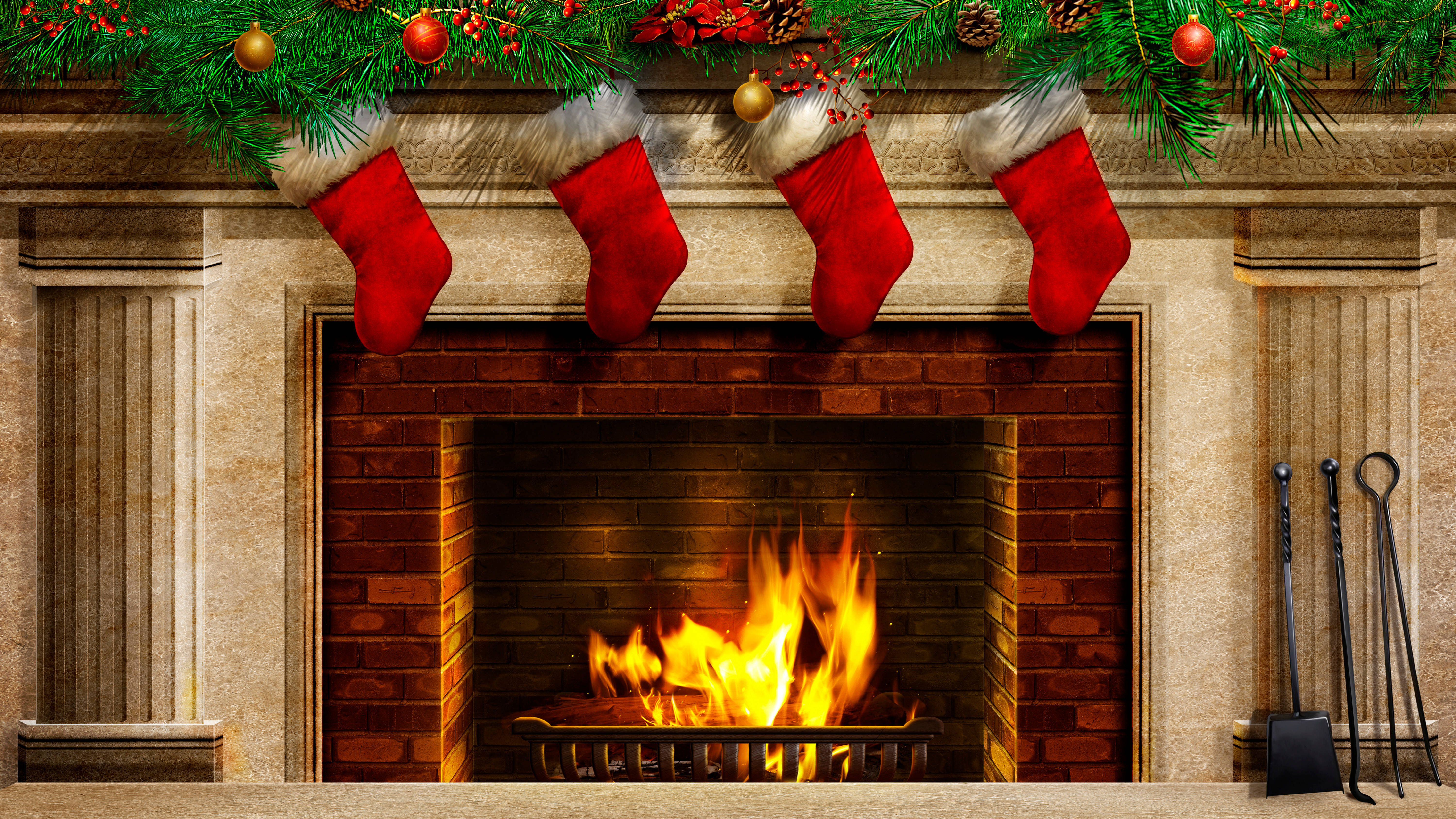 fireplace, red stockings, garland of pine and berries, 5K Desktop Wallpaper