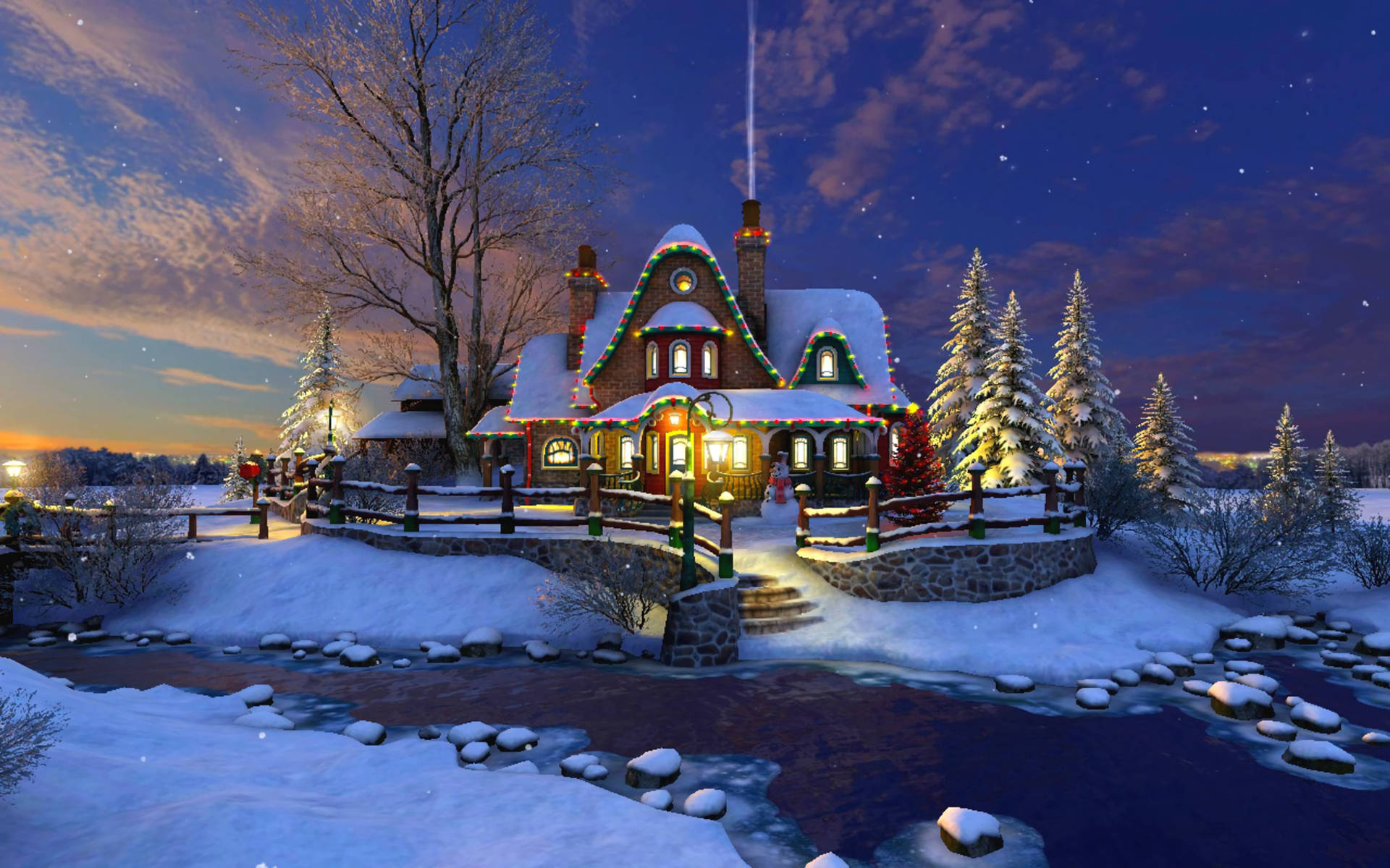 Christmas house, snow-covered cottage, festive lights, Full HD Desktop Wallpaper