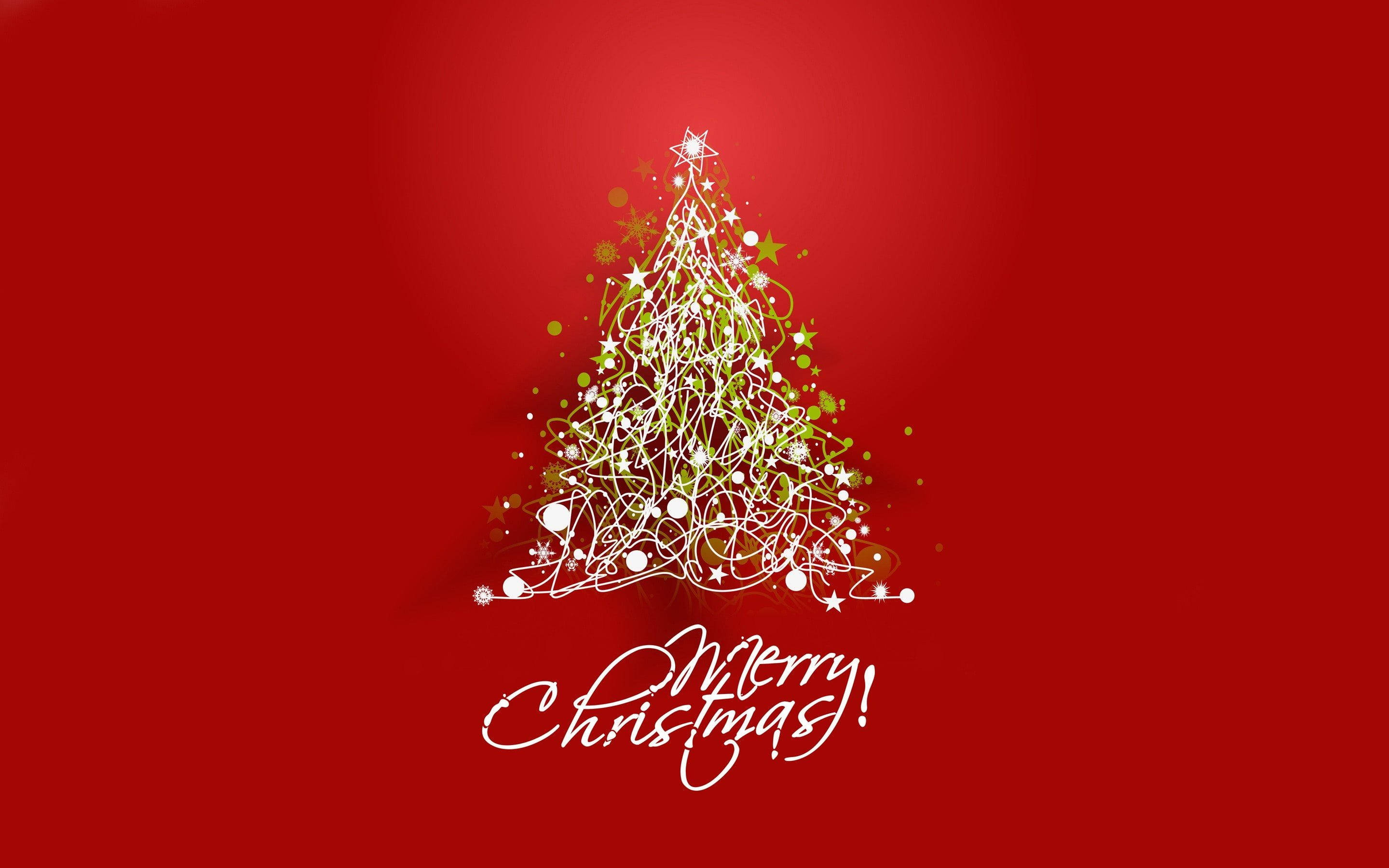 white line-art Christmas tree, stars, ornaments, 2K Desktop Wallpaper