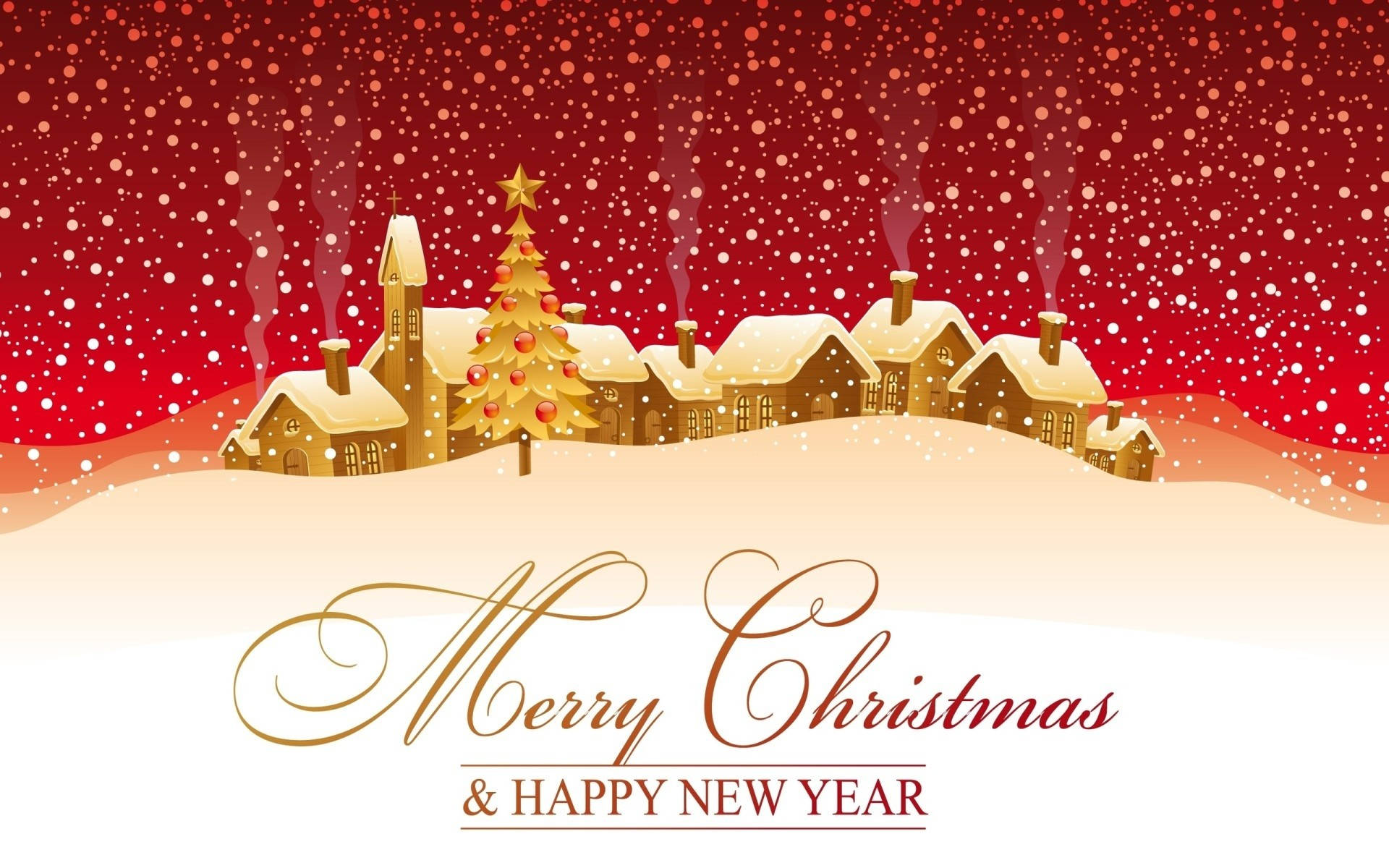 Christmas village, snow-covered houses, decorated tree, Full HD Desktop Wallpaper