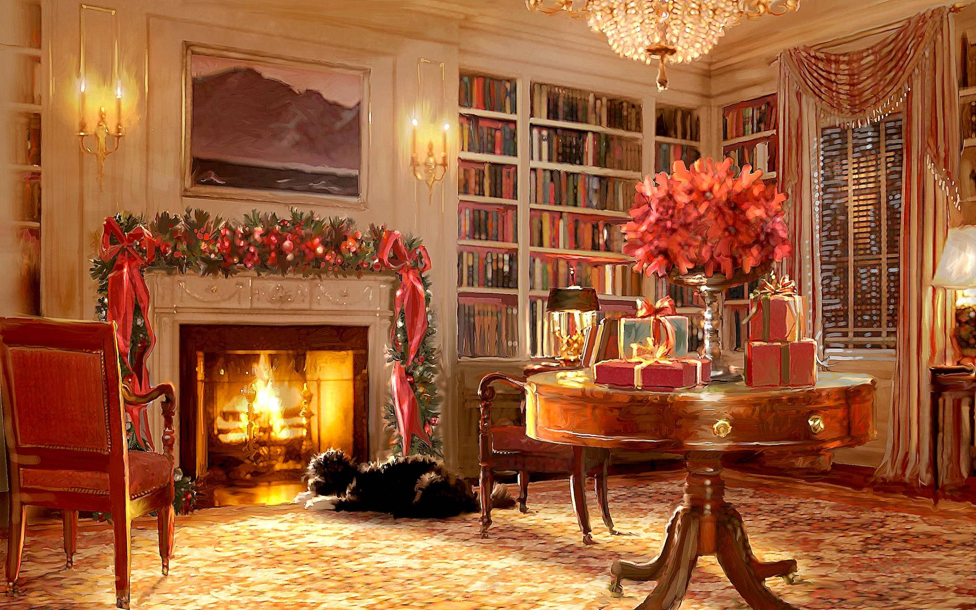 elegant library, roaring fireplace, red bows, Full HD Desktop Wallpaper