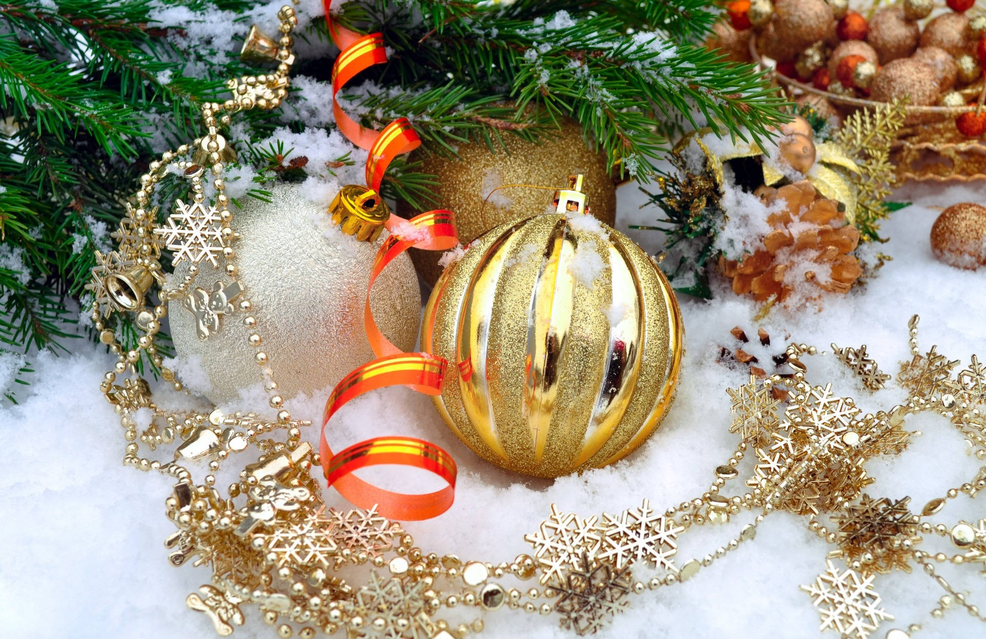 gold, snowflakes, pinecones, Full HD Desktop Wallpaper