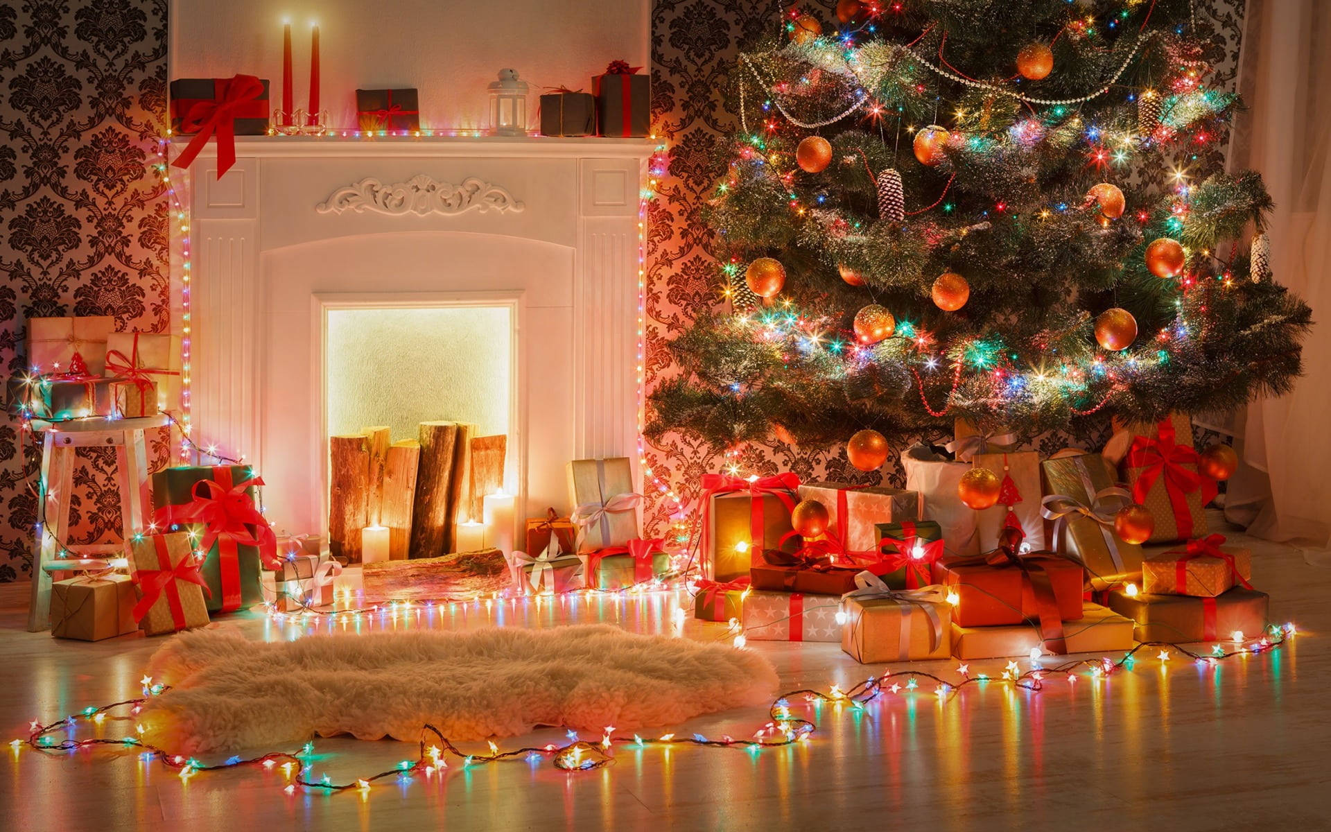 Christmas tree, colorful lights, fireplace, Full HD Desktop Wallpaper