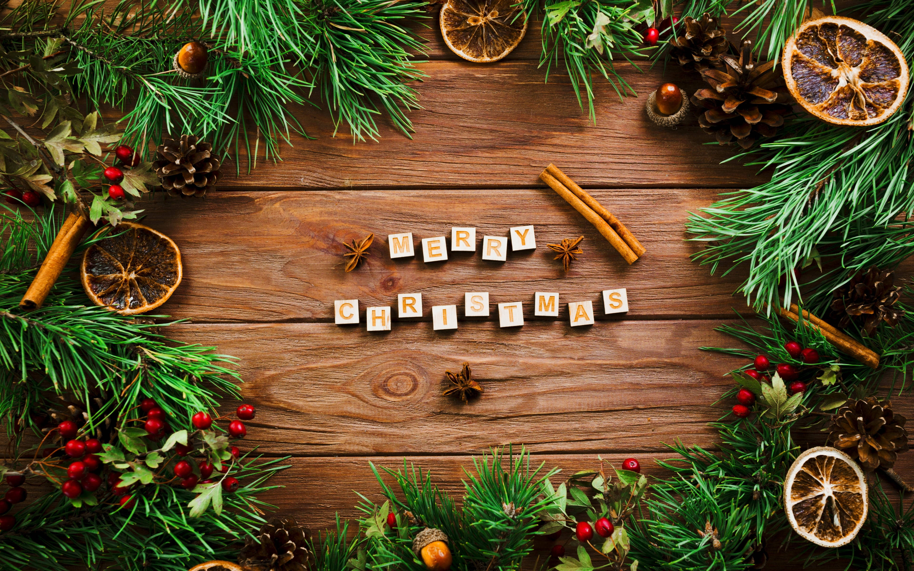 Beautiful Christmas, wooden letters, pine branches, 4K Desktop Wallpaper