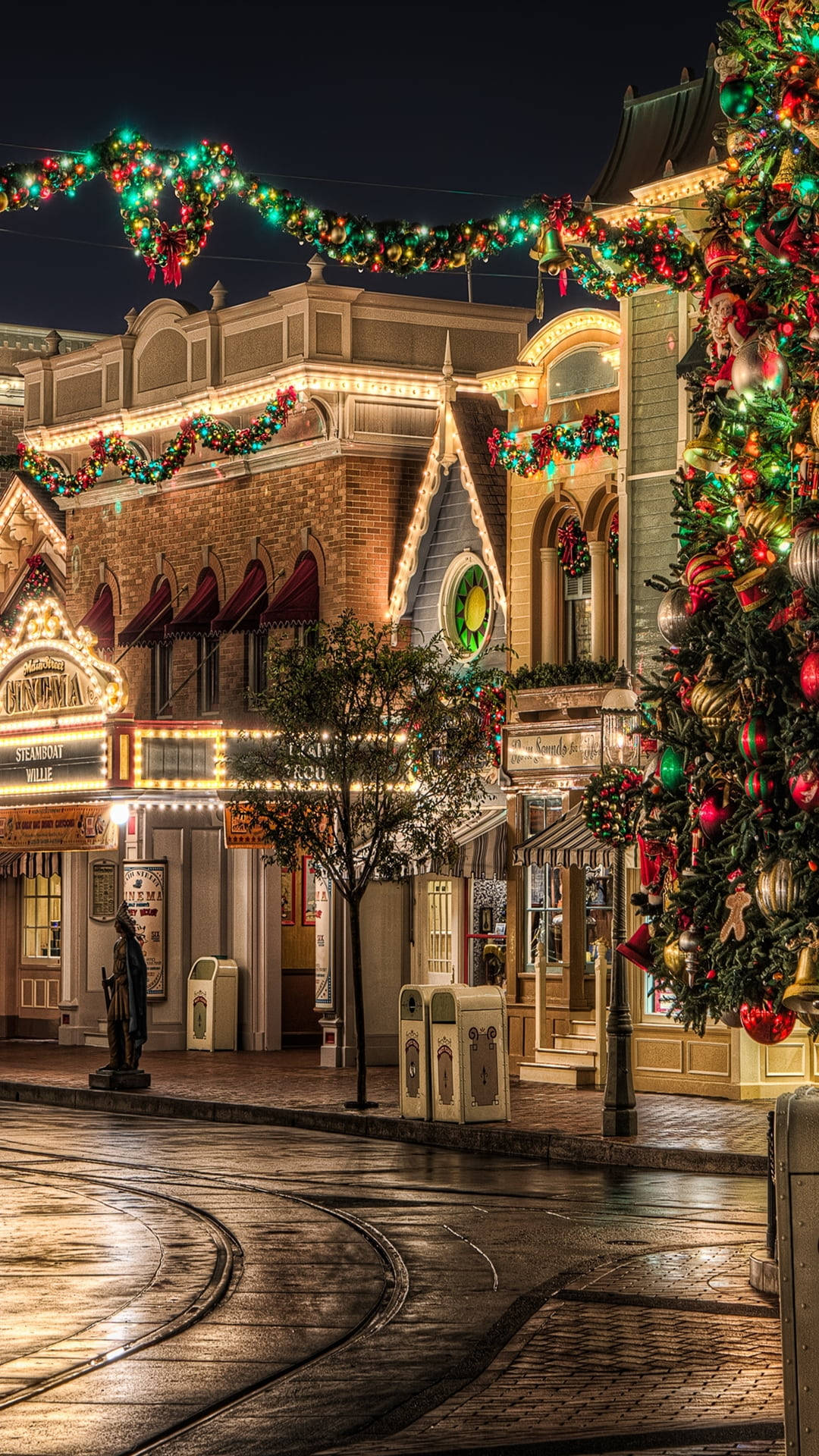 Christmas town center, night, glowing lights, Full HD Phone Wallpaper