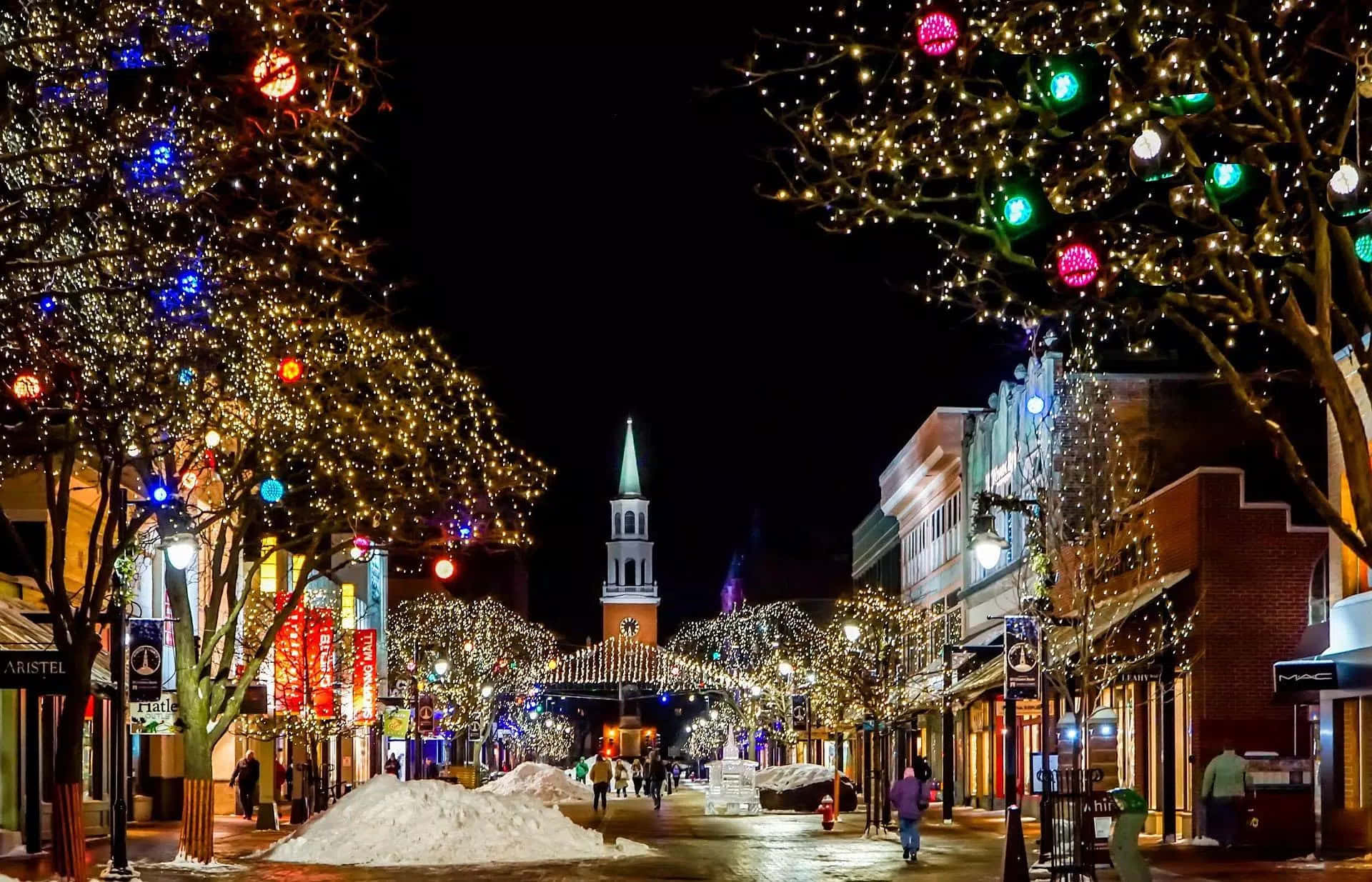 snowy town street, night, colorful string lights, Full HD Desktop Wallpaper