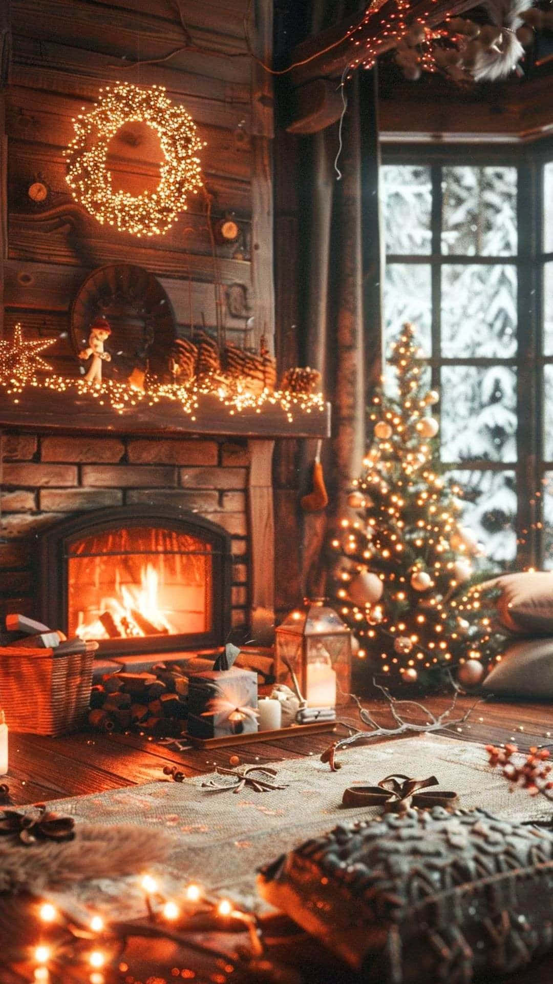 cozy Christmas fireplace scene, crackling fireplace, string lights, Full HD Phone Wallpaper