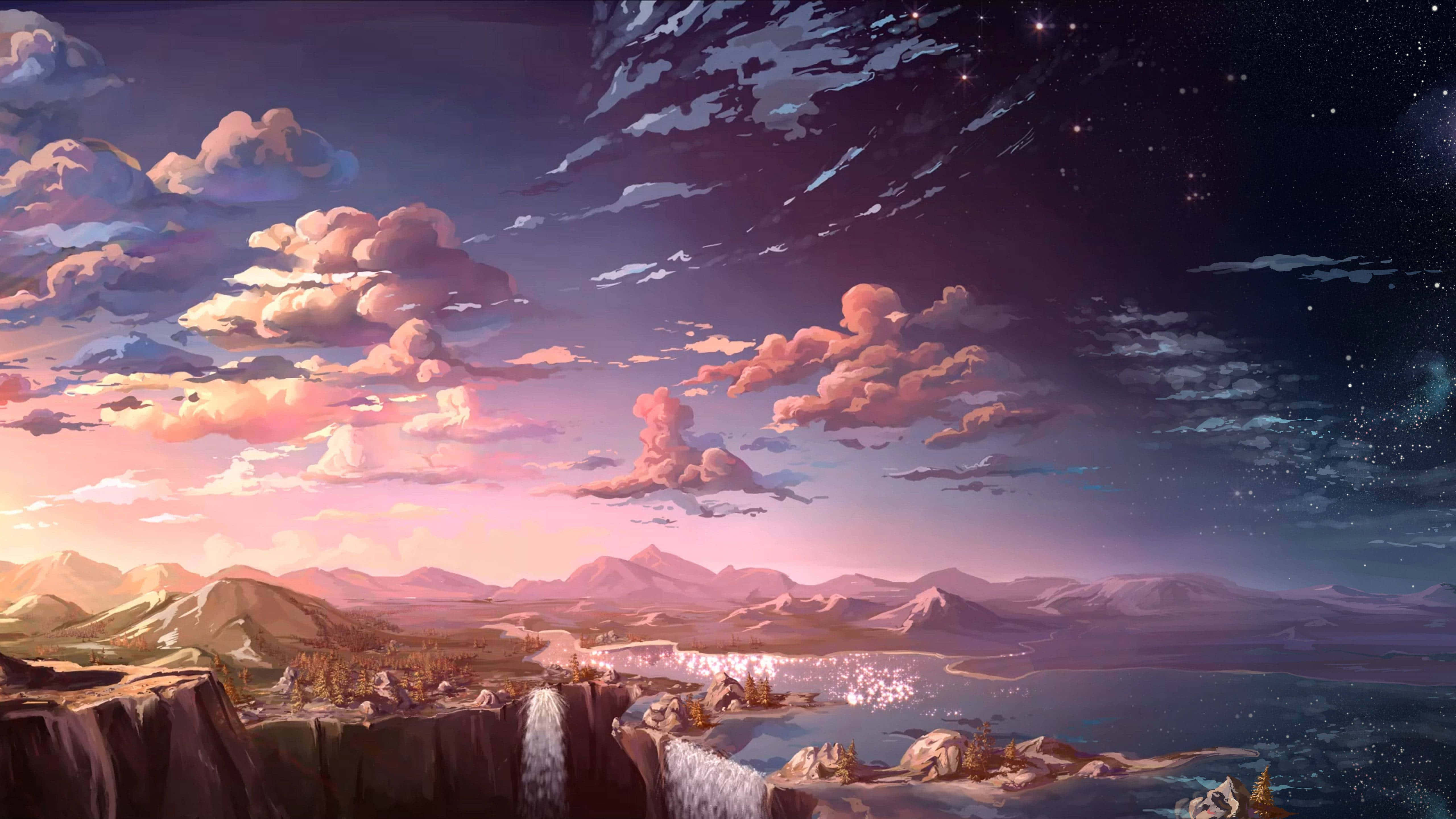 pink clouds, starry sky, glowing city lights, 5K Desktop Wallpaper