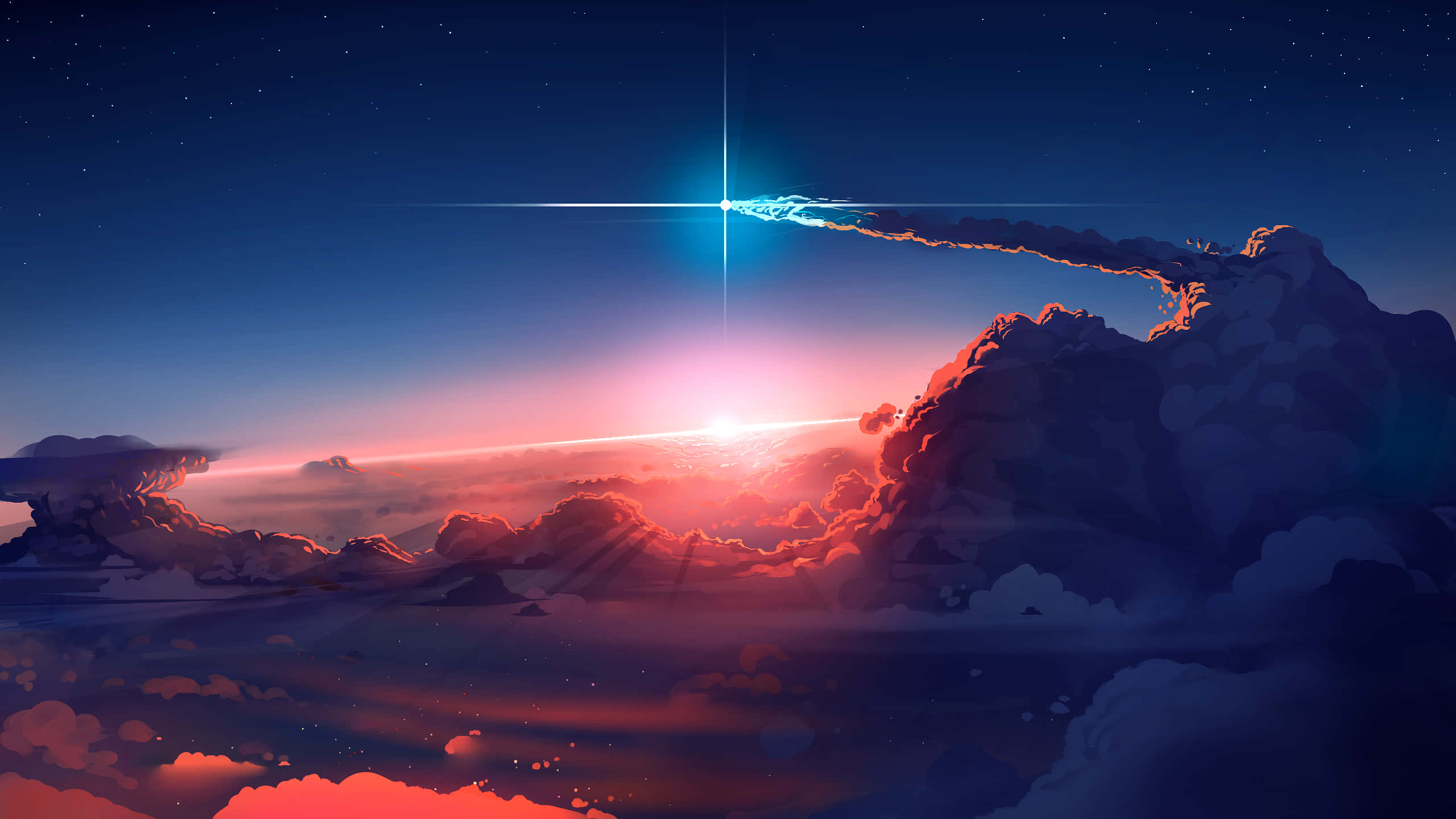 shooting comet, glowing blue meteor, twilight sky, 2K Desktop Wallpaper