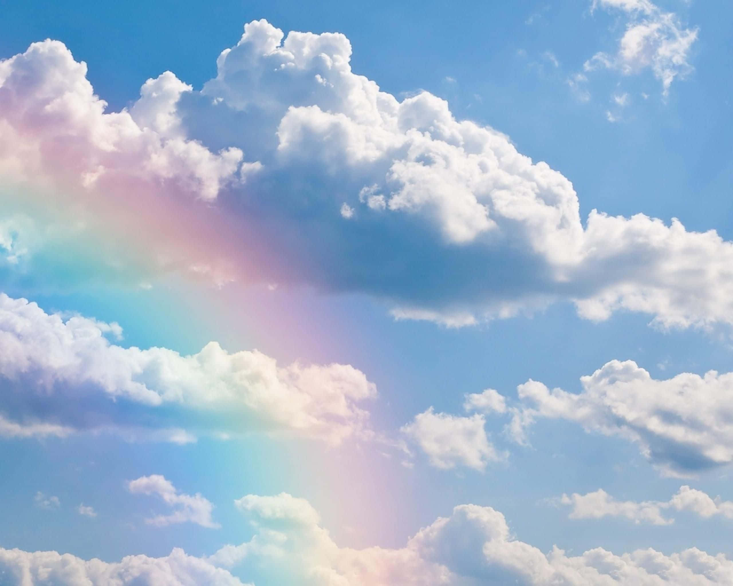 rainbow, fluffy white clouds, clear blue sky, 2K Desktop Wallpaper