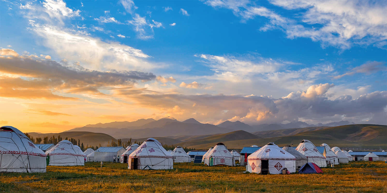 white yurts, golden grassland, dramatic sunset sky, HD Desktop Wallpaper