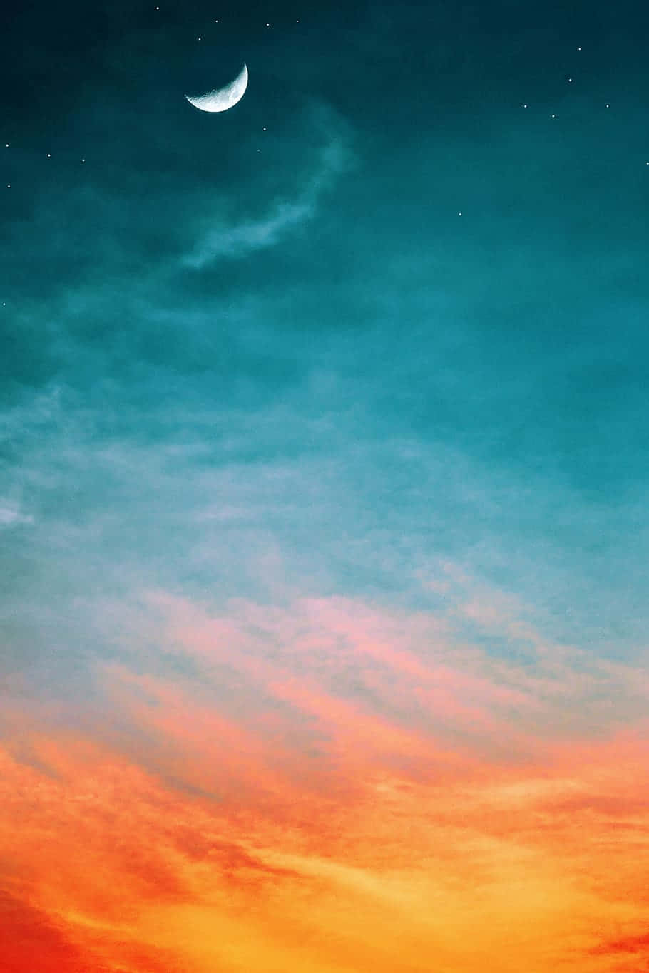 crescent moon, stars, fiery orange clouds, HD Phone Wallpaper