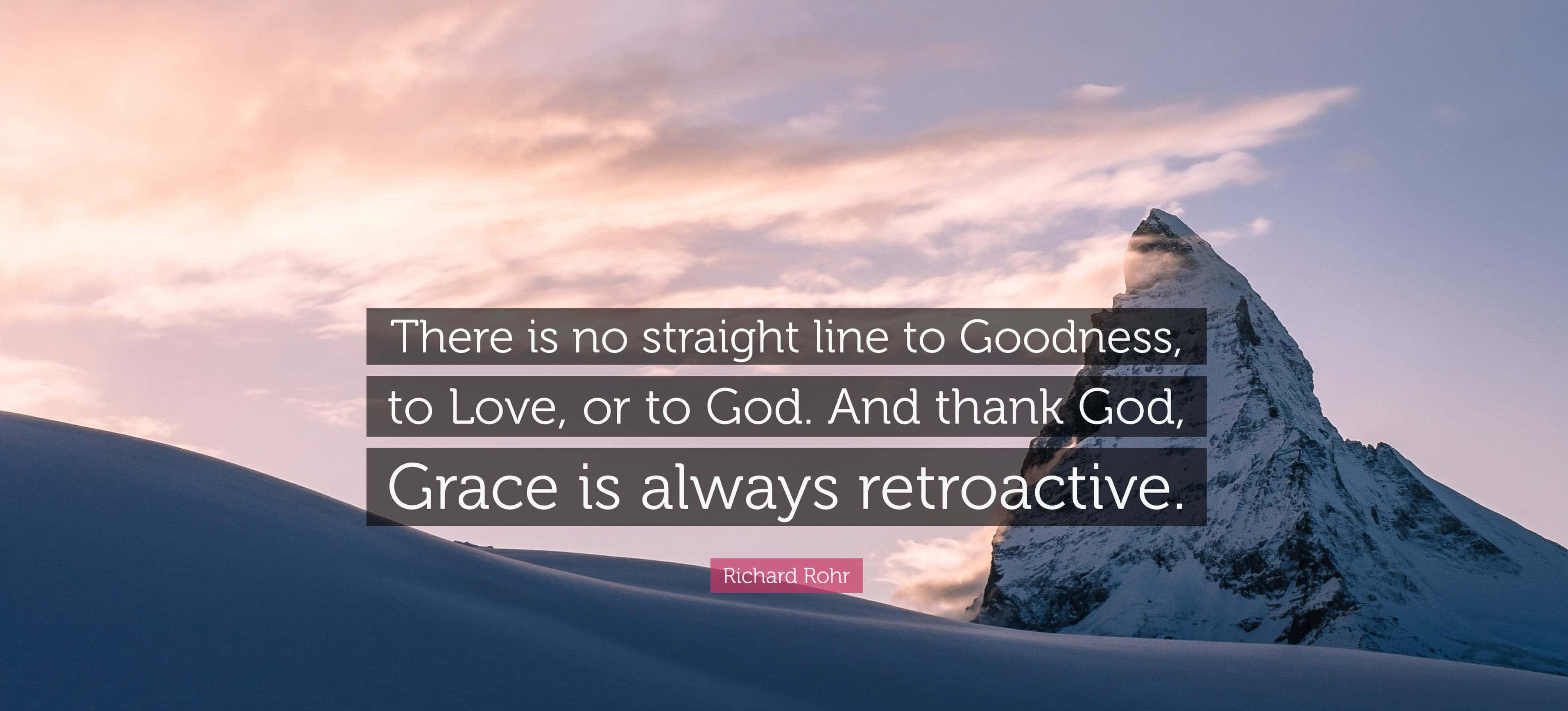 snow-capped mountain peak, soft pink and purple sunset sky, inspirational text overlay, 2K Desktop Wallpaper
