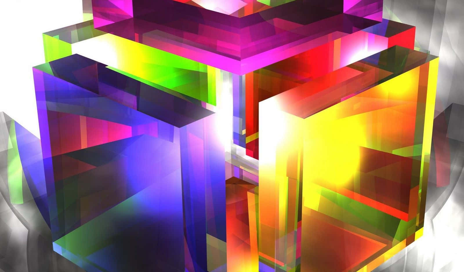 Vibrant translucent geometric cubes, dazzling rainbow spectrum, stark white background, HD Desktop Wallpaper