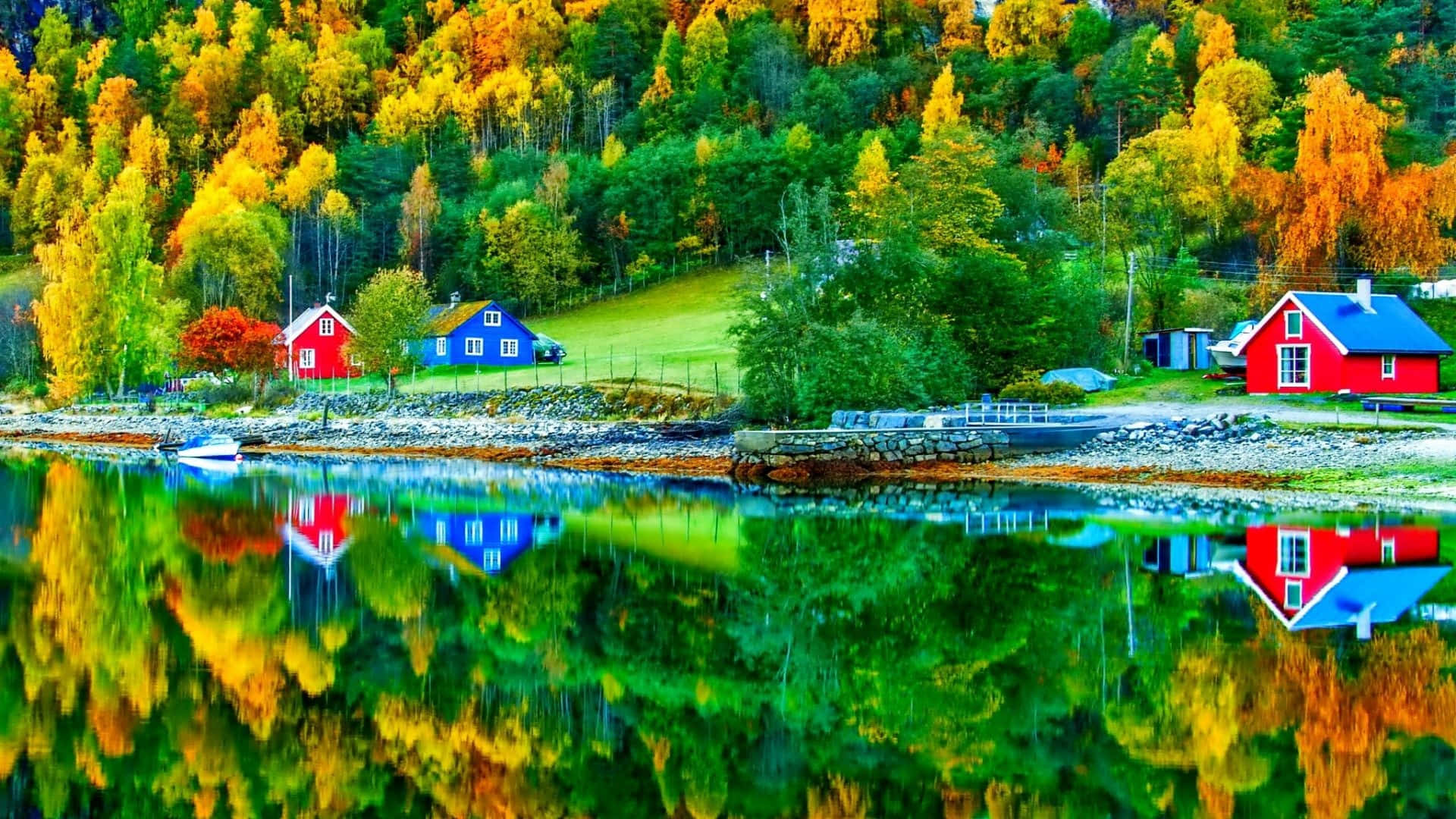 autumn foliage, colorful cabins, calm lake, Full HD Desktop Wallpaper