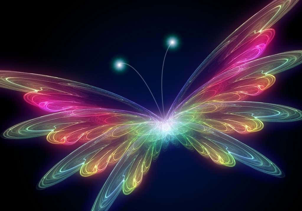 digital butterfly, swirling rainbow wings, dark cosmic background, SD Desktop Wallpaper